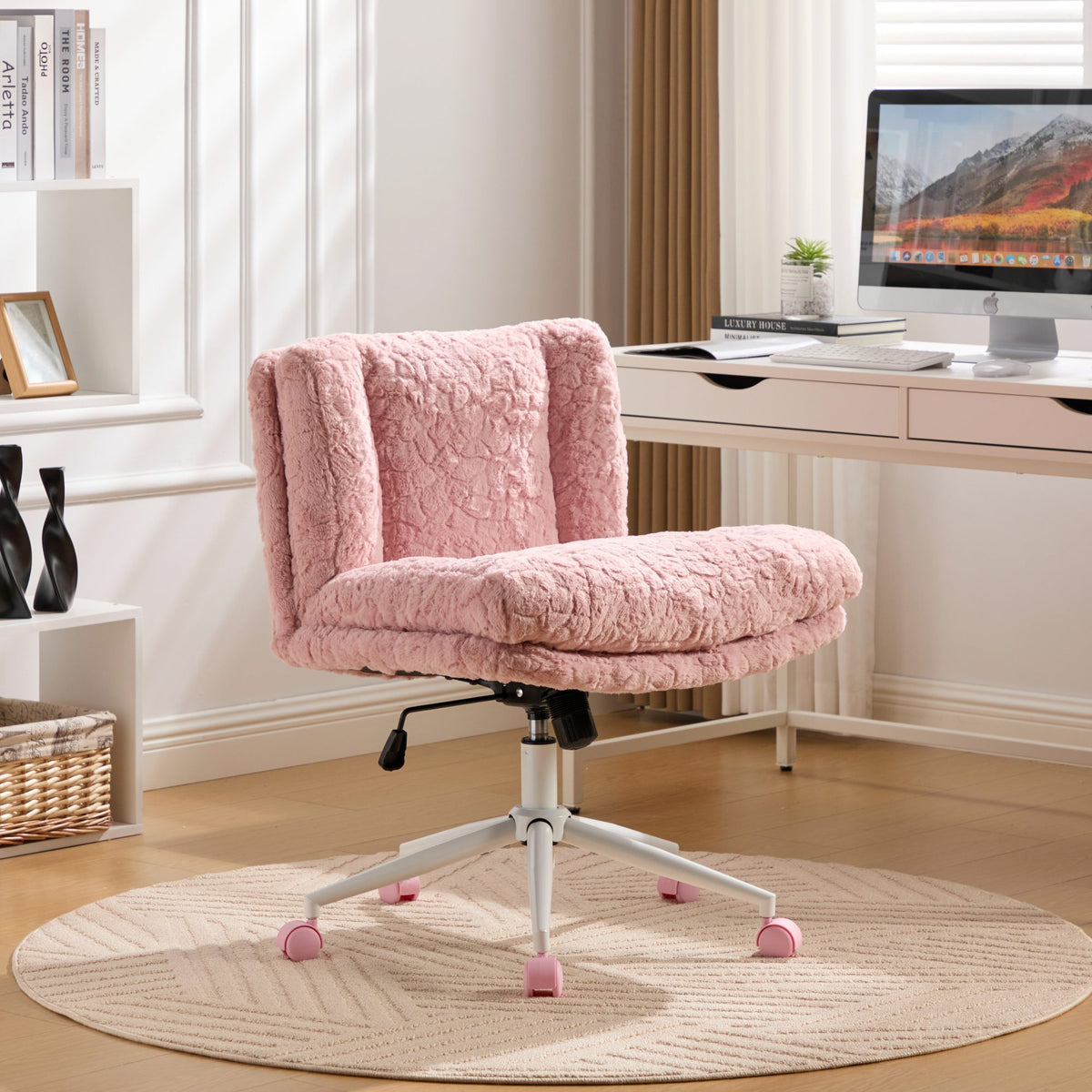 Anthony & Home Studio Pink Faux Rabbit Hair Office Chair with wide 26.4-inch seat and metal base, stylish and comfortable.