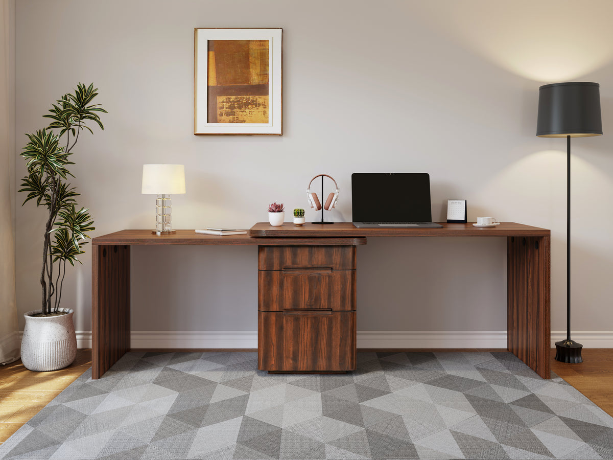 Walnut L-shaped desk with 3 drawers and 360-degree rotation by Anthony & Home, showcasing the stylish, functional workspace.