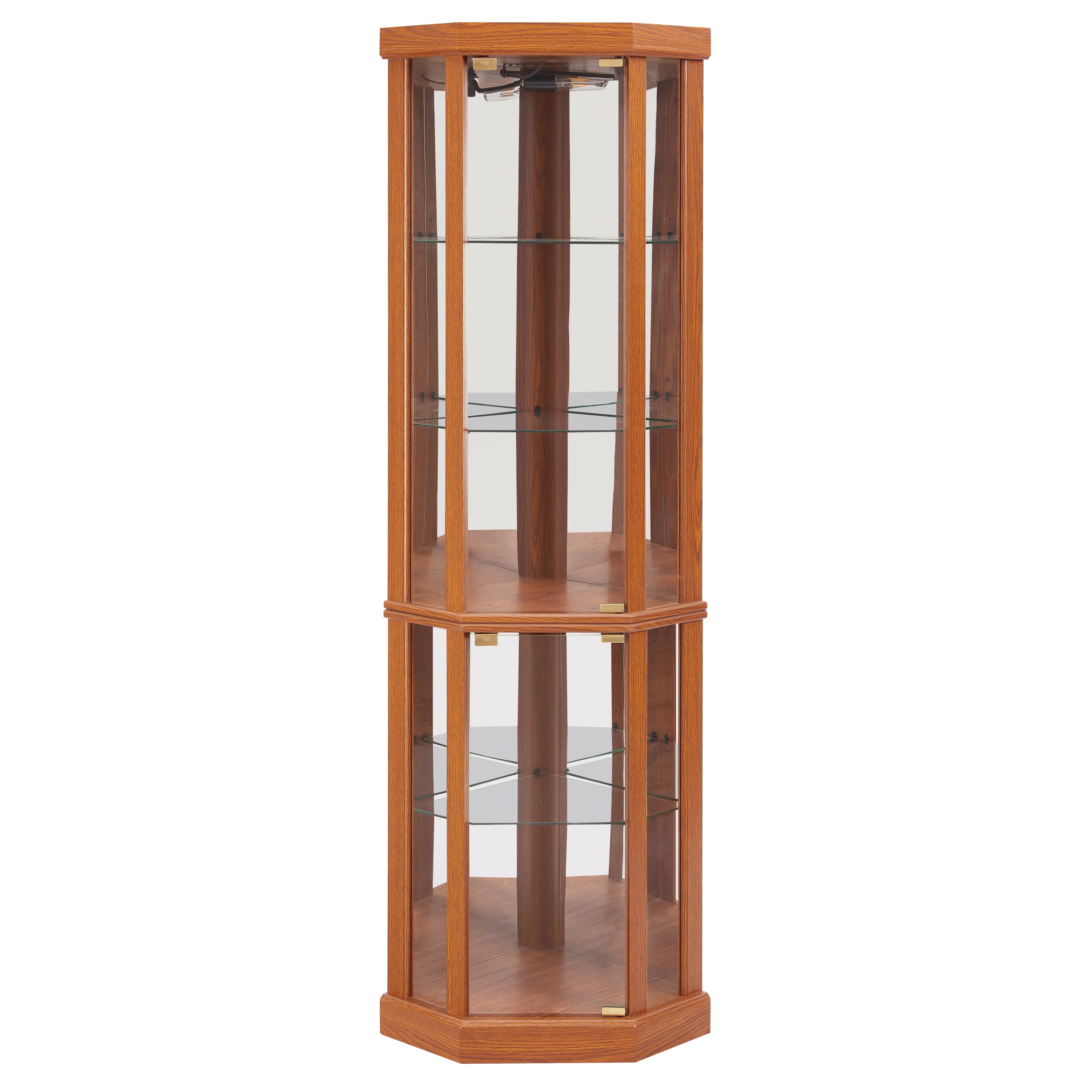 Dark oak corner lighted curio cabinet by Anthony & Home with glass shelves and interior lighting.