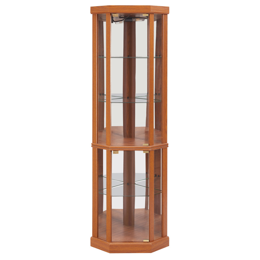 Dark oak corner lighted curio cabinet by Anthony & Home with glass shelves and interior lighting.