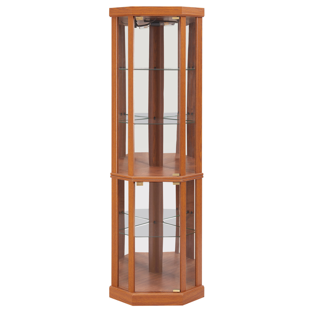 Dark oak corner lighted curio cabinet by Anthony & Home with glass shelves and interior lighting.