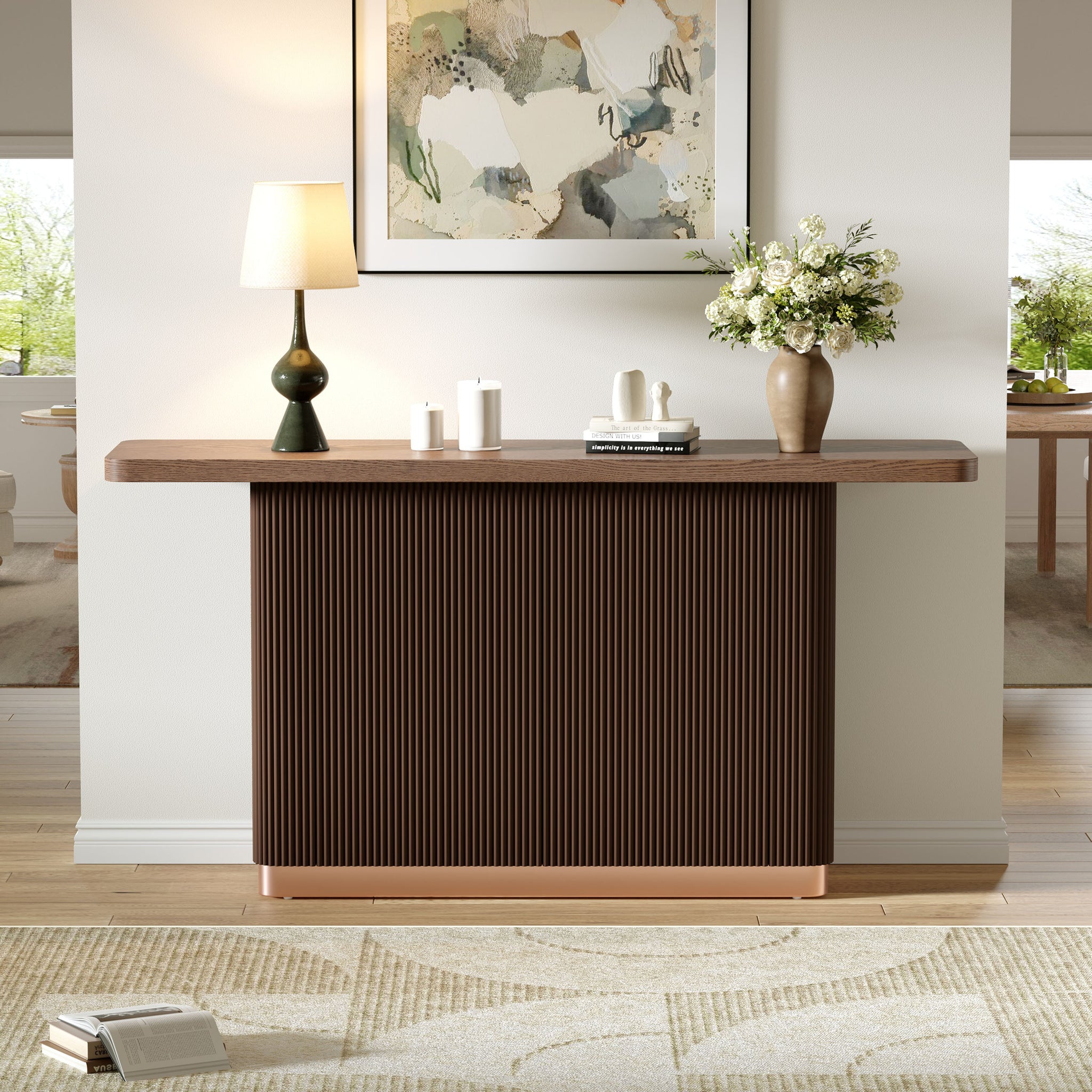 Anthony & Home console table with ash veneer top, fluted base, and metal accents from the Studio Collection.
