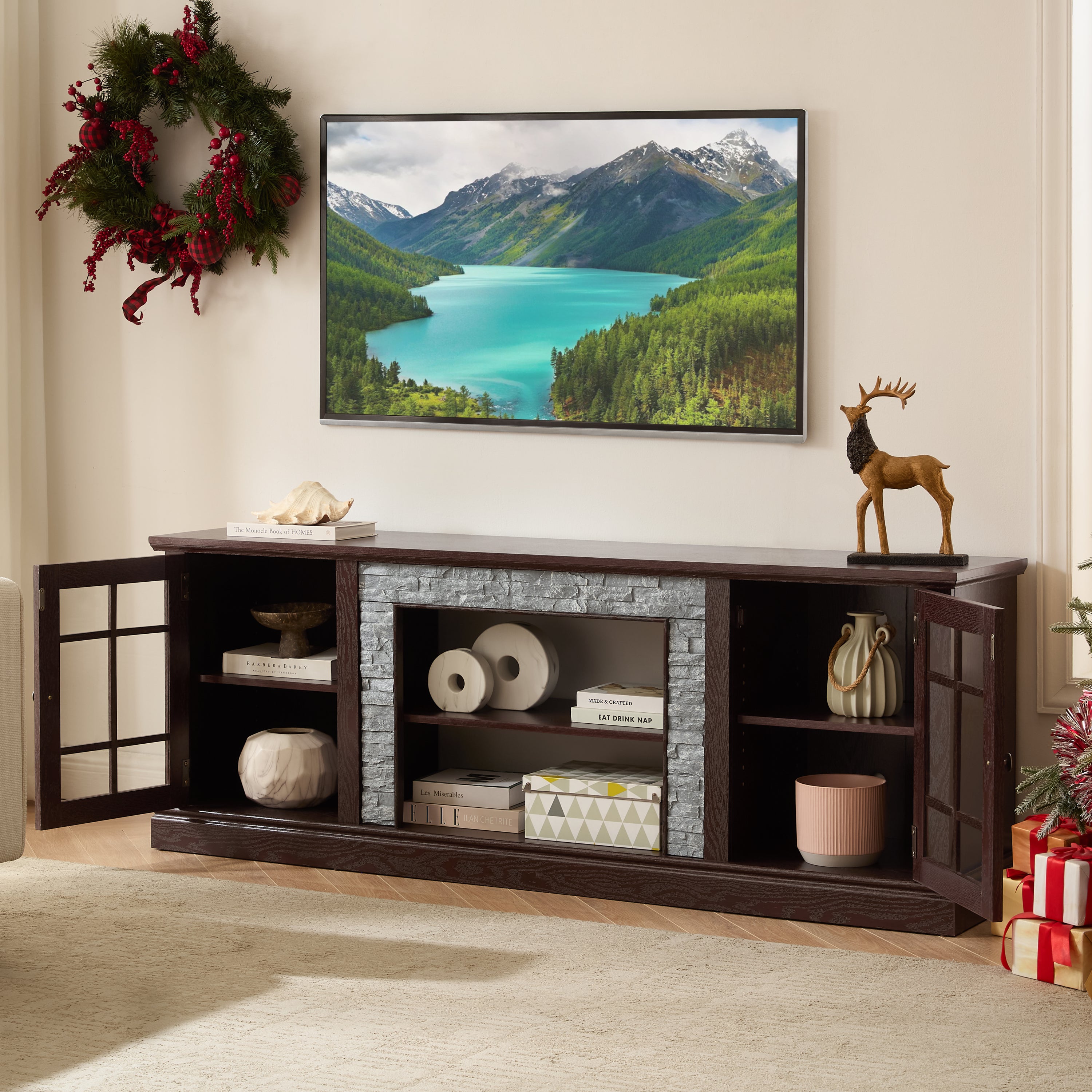 Anthony & Home 70-inch modern TV stand with faux stone finish, two-door storage, cherry wood finish, ideal for living room entertainment.