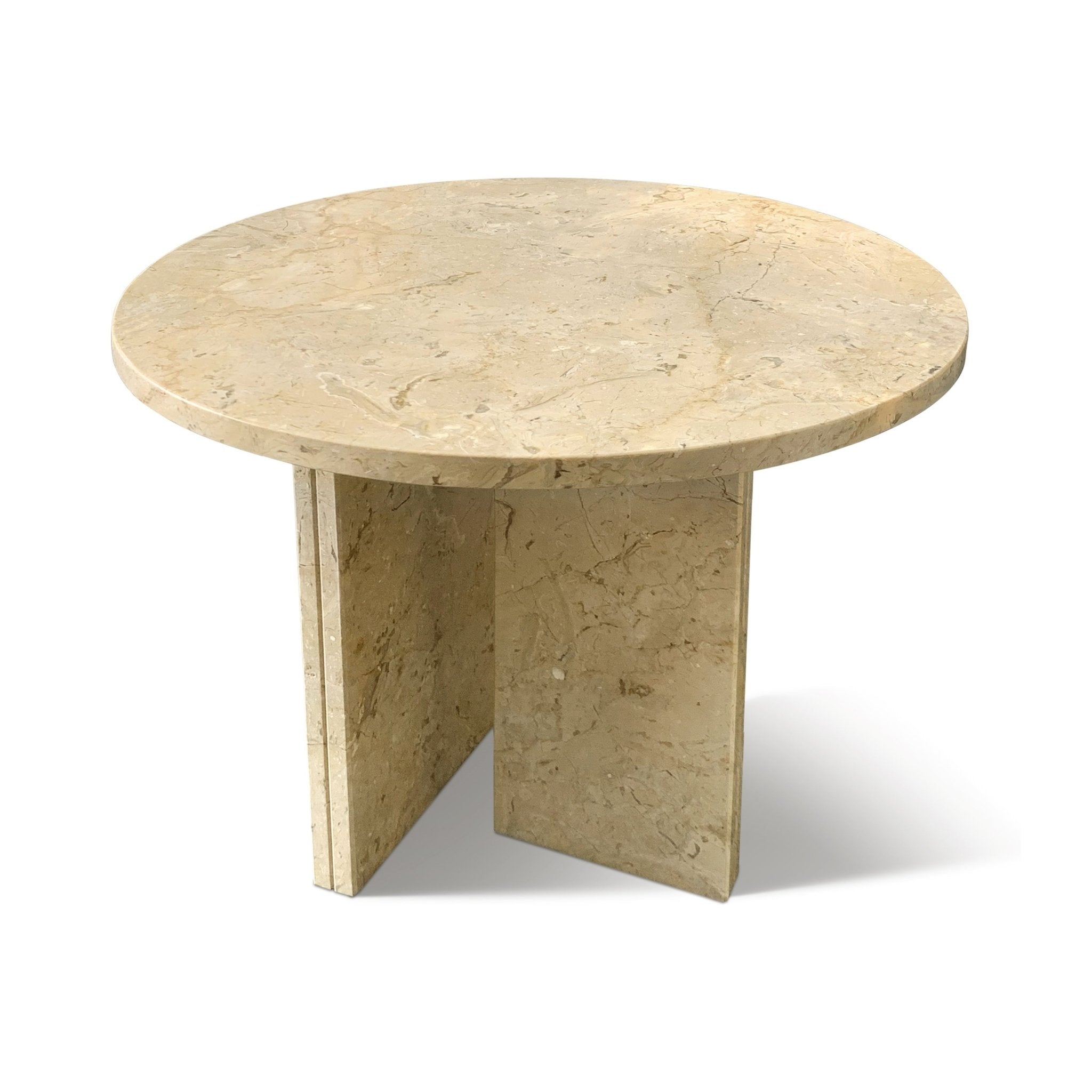 Natural beige marble round coffee table with gold finish from Anthony & Home's Atelier Exclusive Edition.