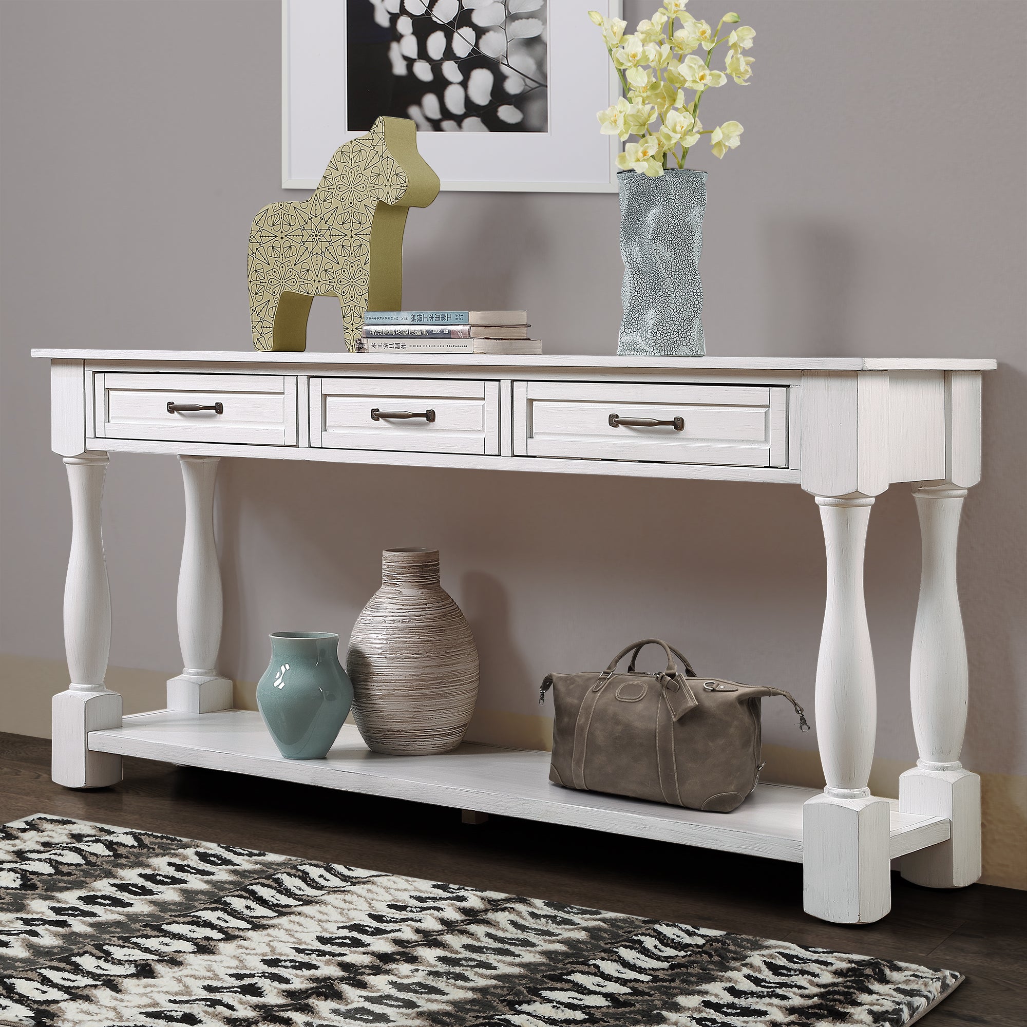 Antique White Wood Console Table by Anthony & Home with 3 drawers, bottom shelf, 63-inch length, easy to assemble.