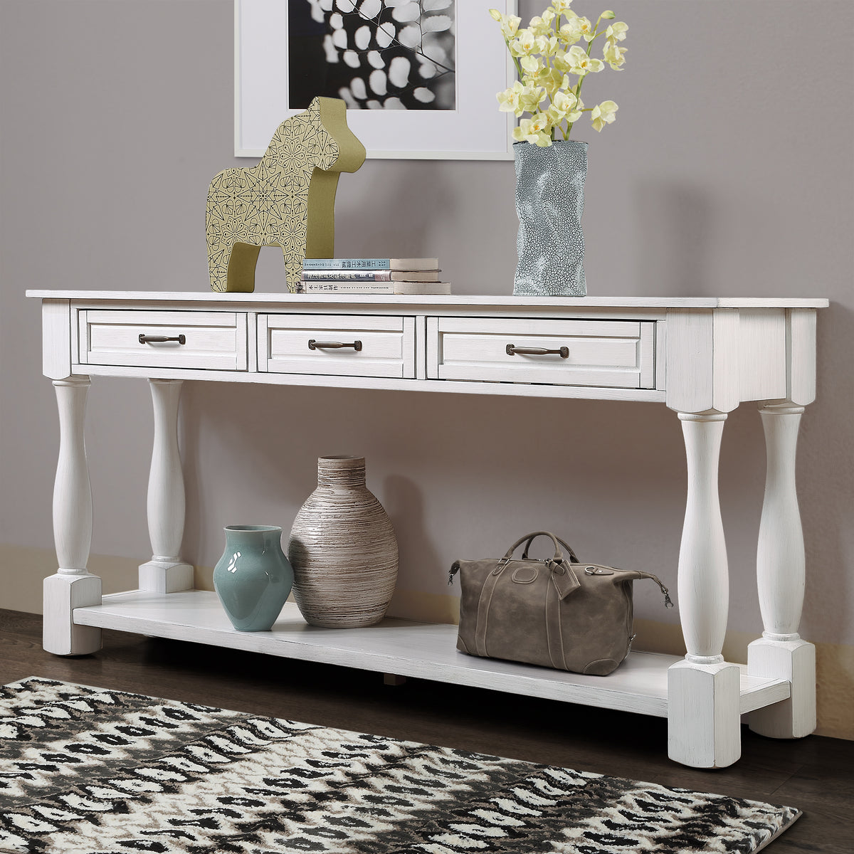 Antique White Wood Console Table by Anthony & Home with 3 drawers, bottom shelf, 63-inch length, easy to assemble.