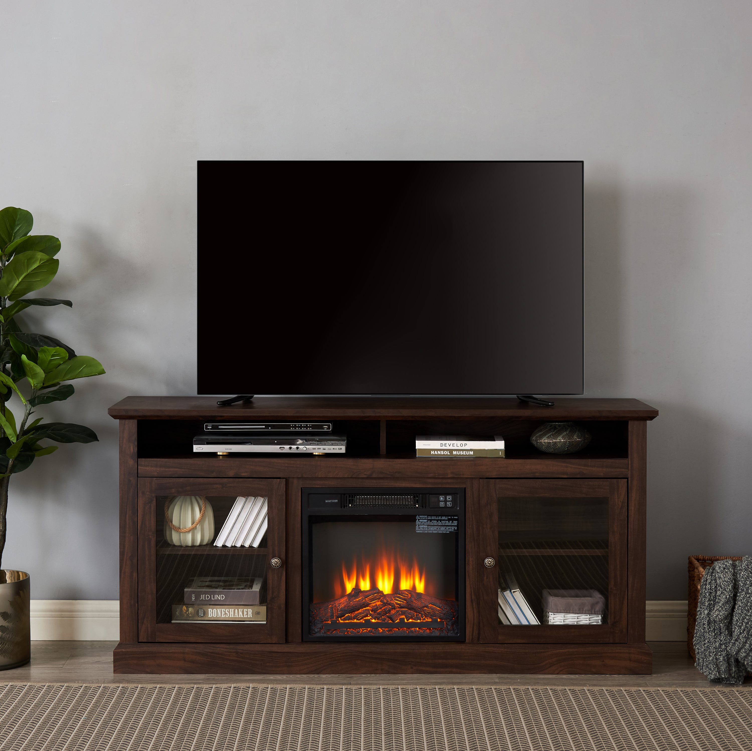 Brown wood Heritage media console with fireplace, 60-inch Anthony & Home entertainment stand, modern design with built-in fireplace.
