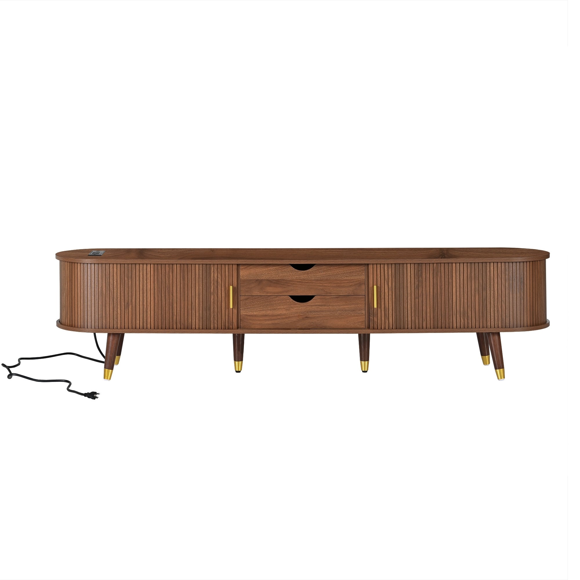 Walnut mid-century TV stand by Anthony & Home featuring sleek wood finish, open shelving, and modern design for living room decor.