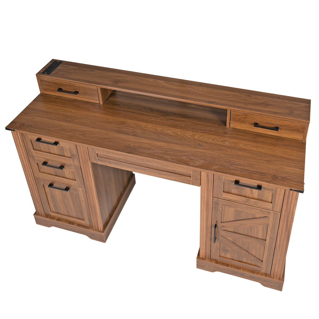 Anthony & Home Atelier dark walnut farmhouse office desk with barn door, charging station, and monitor stand on a modern workspace.