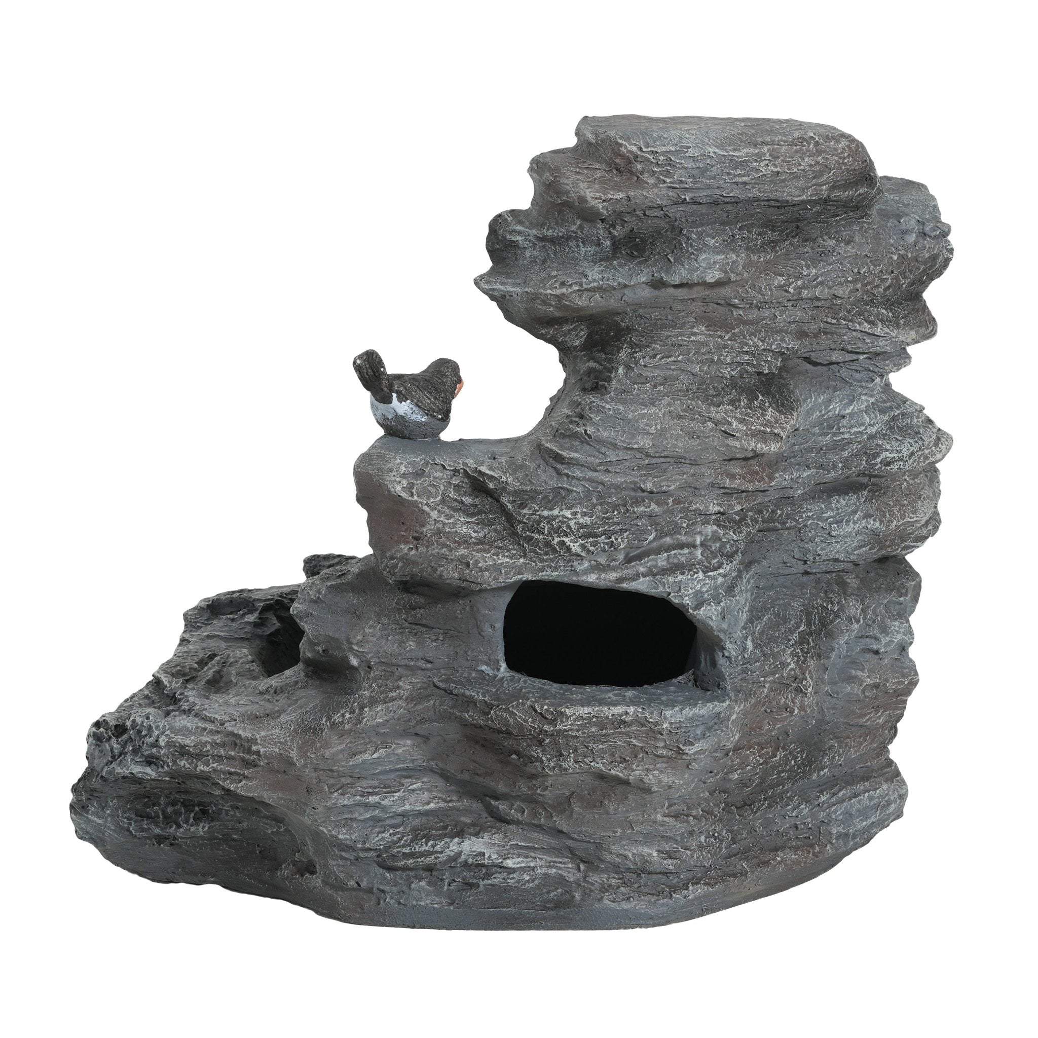Concrete rock waterfall fountain with four tiers, showcasing natural stone design and flowing water for outdoor garden decoration.