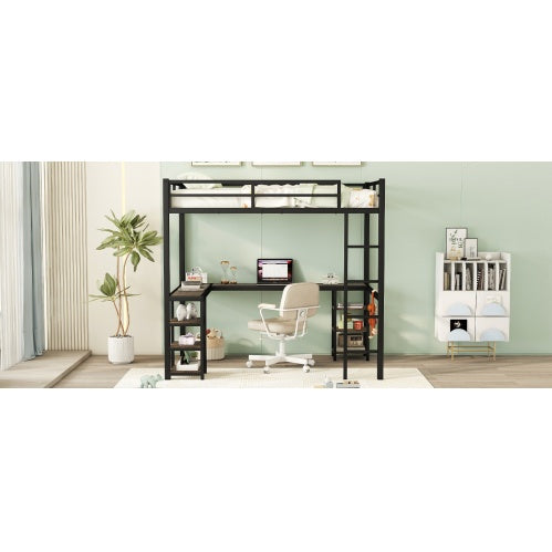 Full Metal Loft Bed With Desk Shelves And Ladder Guardrails