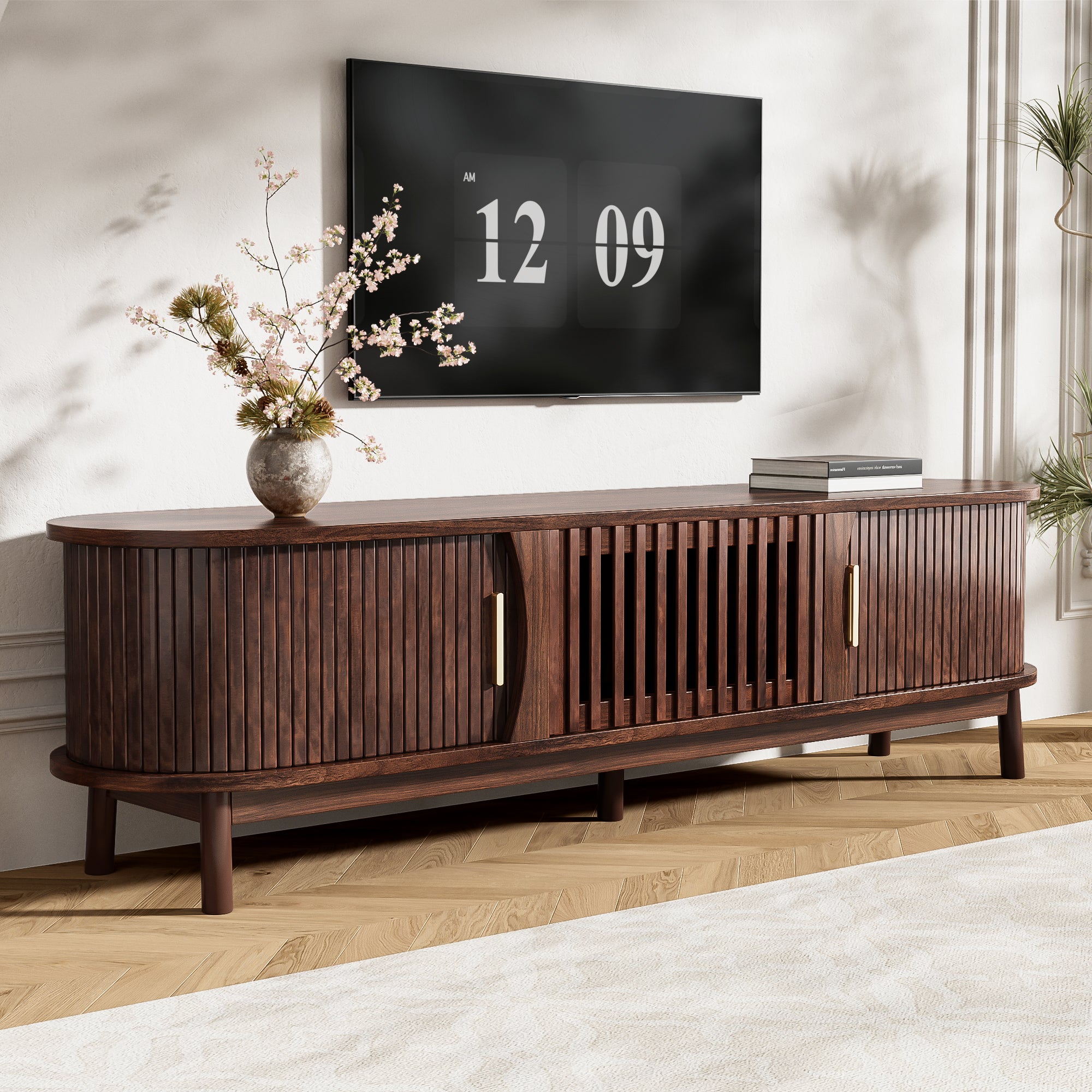 Modern Farmhouse TV Stand For 75 Inch TVs In Solid Pine Wood With Storage Cabinet Premium Craftsmanship Limited Edition
