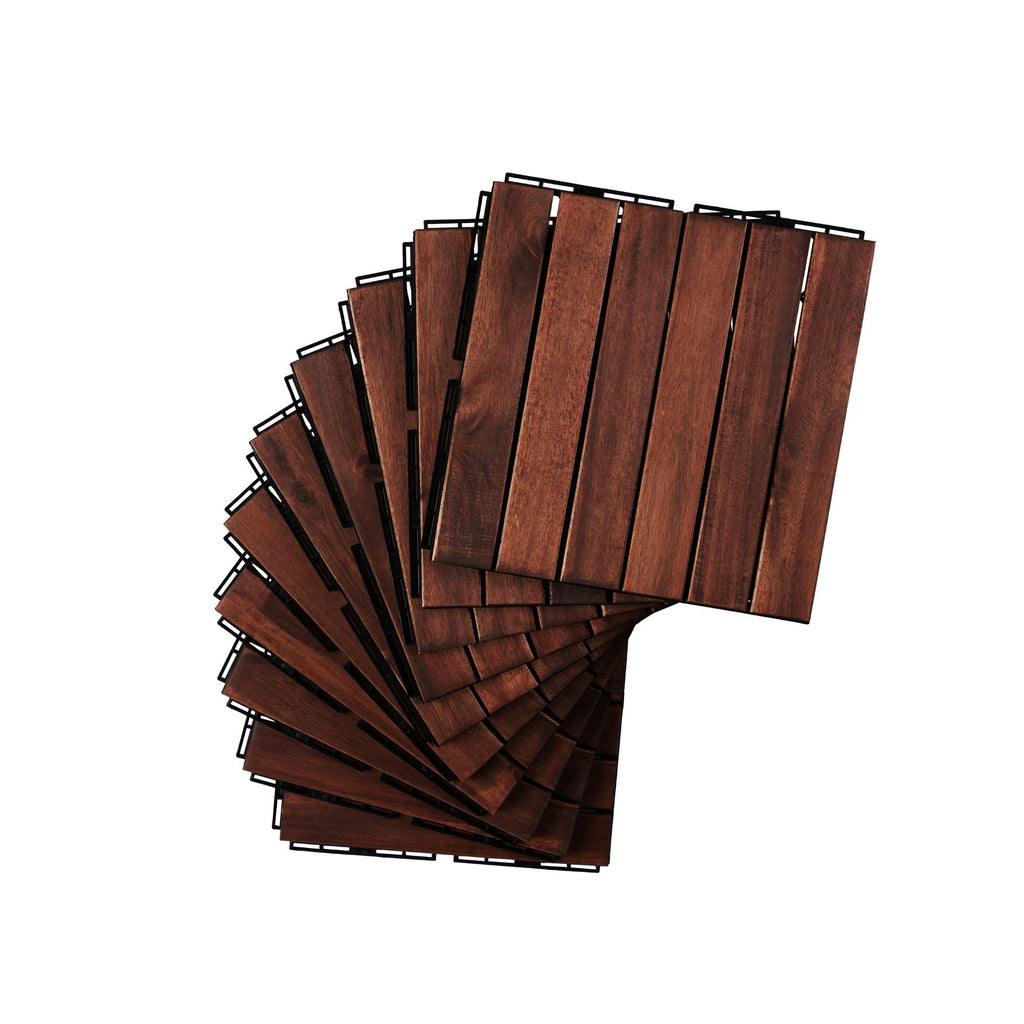 Anthony & Home Acacia Studio Interlocking Deck Tiles in striped pattern, 12-inch outdoor flooring for patios and decks