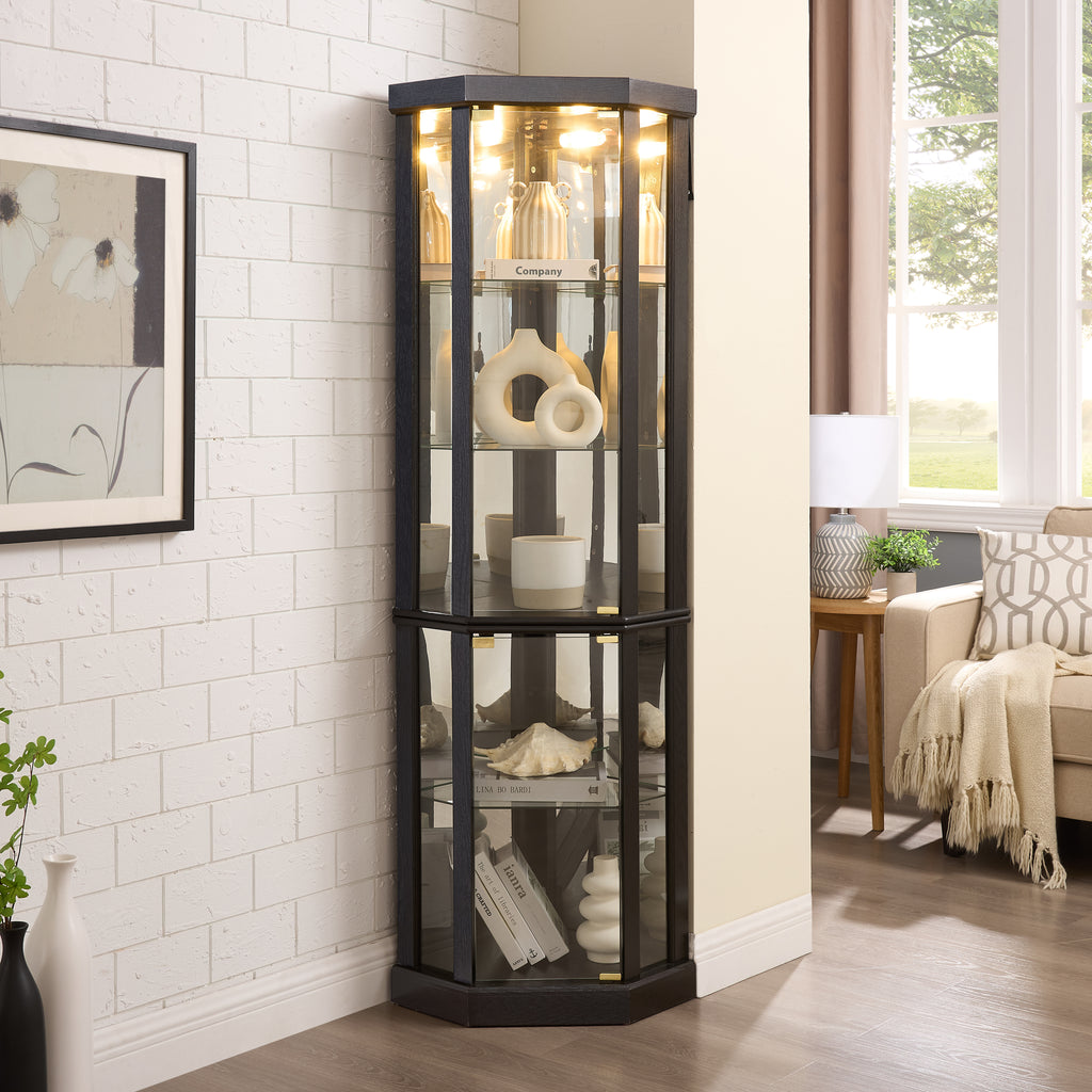 Anthony & Home Heritage lighted corner curio cabinet with glass display for antiques and wine collection.