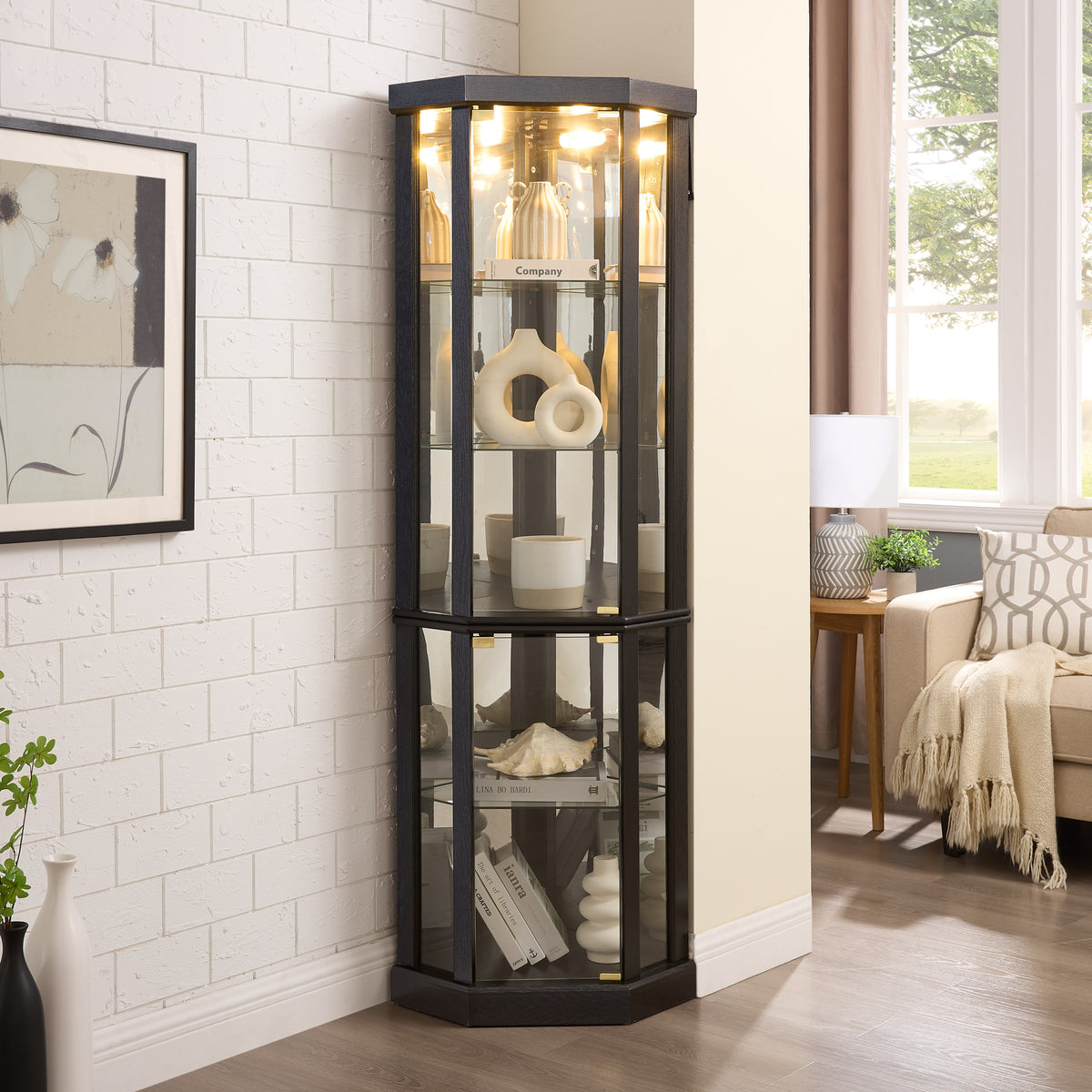 Anthony & Home Heritage lighted corner curio cabinet with glass display for antiques and wine collection.