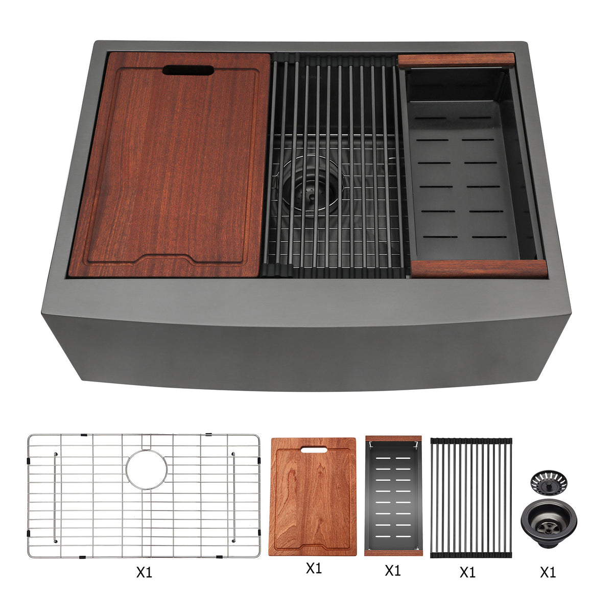 Anthony & Home stainless steel farmhouse apron front sink with single bowl and built-in workstation for kitchen use.