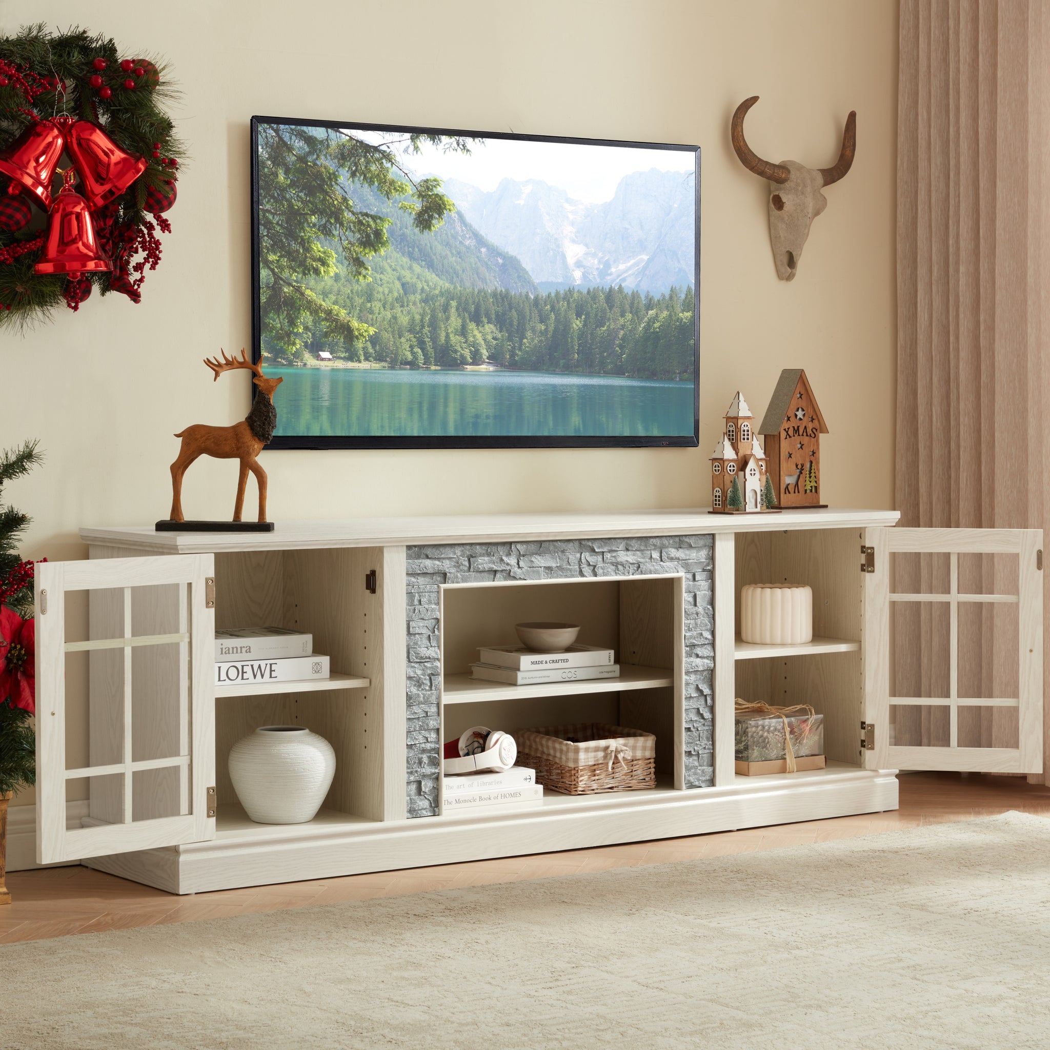 Anthony & Home Atelier White Faux Stone TV Stand, 70-inch with two doors, modern entertainment furniture with sleek design.