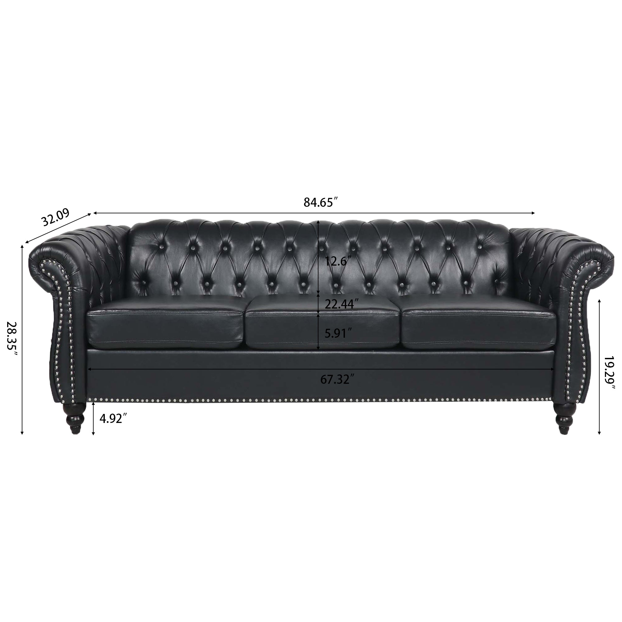 Anthony & Home Chesterfield rolled-arm three seater sofa with tufted upholstery and classic design, shown in a cozy living room setting.