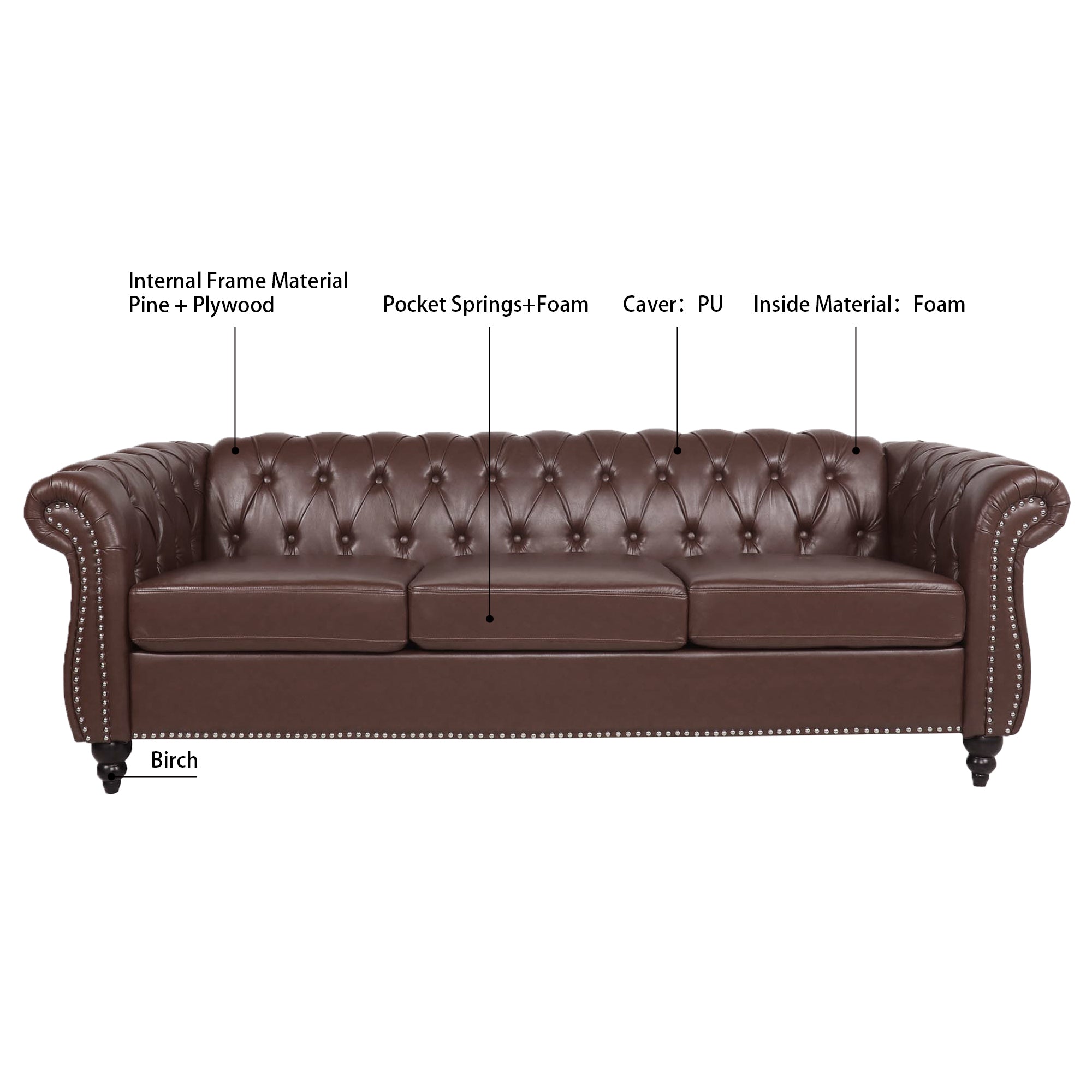 Anthony & Home Chesterfield sofa with Birch wood legs, classic button-tufted upholstery, and elegant design.