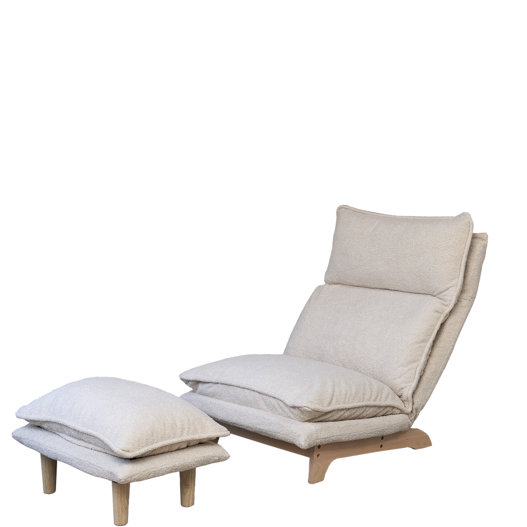 Beige Anthony & Home Studio foldable metal frame recliner with padded seat and armrests, designed for comfort and portability.