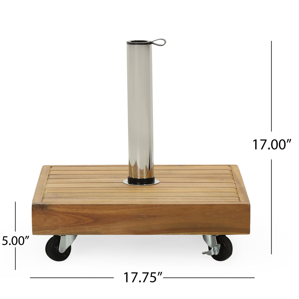 Anthony & Home Ralph Square Teak Umbrella Base with sturdy wood construction and metal hardware for outdoor patio use.