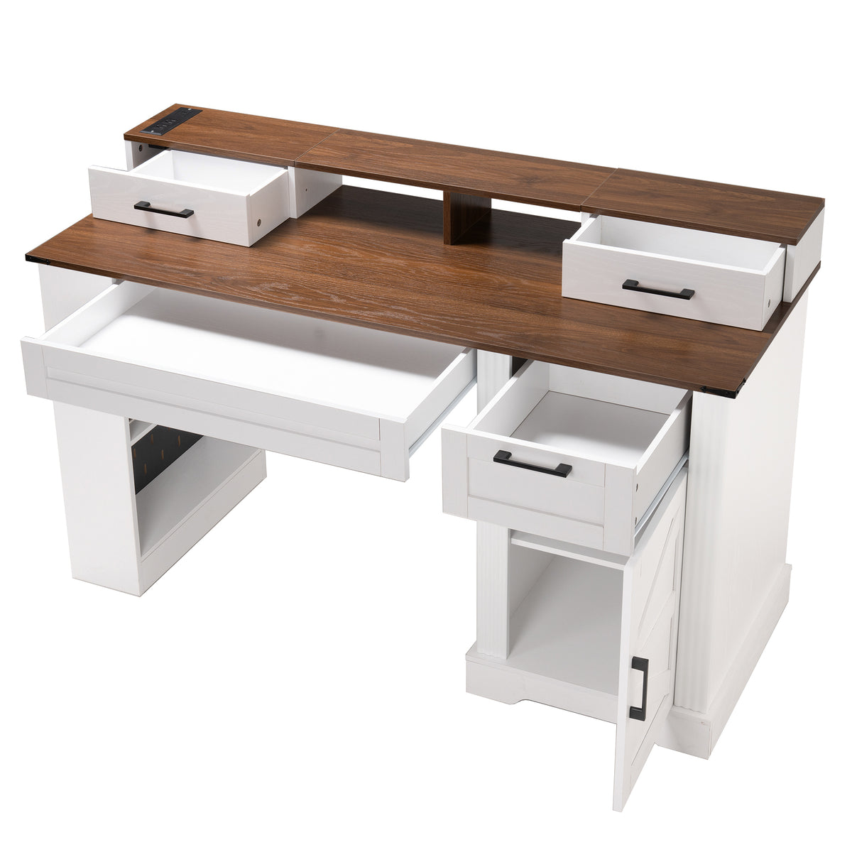 Anthony & Home Studio Barn Door Desk with storage and charging station, featuring a rustic wood finish and sliding barn door design.