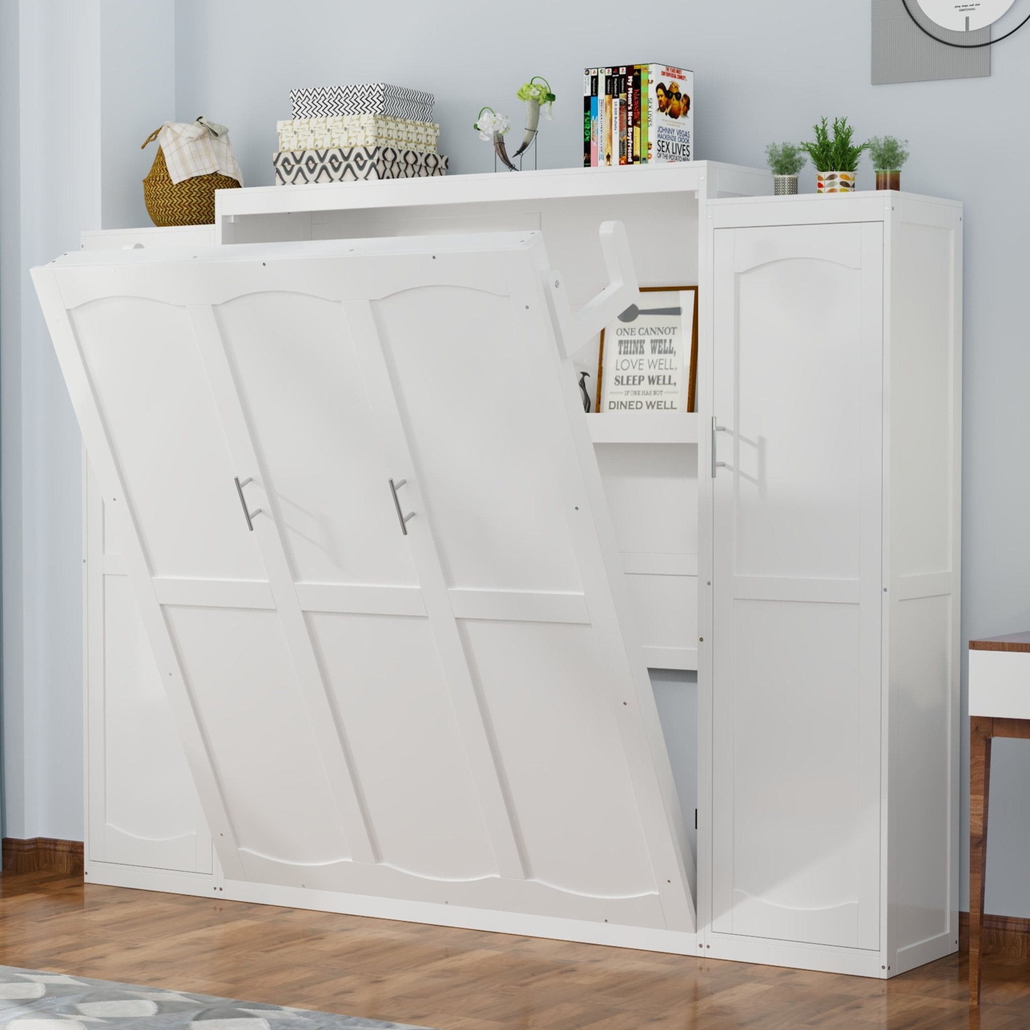 White wood Queen Murphy bed with integrated wardrobes by Anthony & Home, showcasing a sleek, space-saving bedroom furniture design.