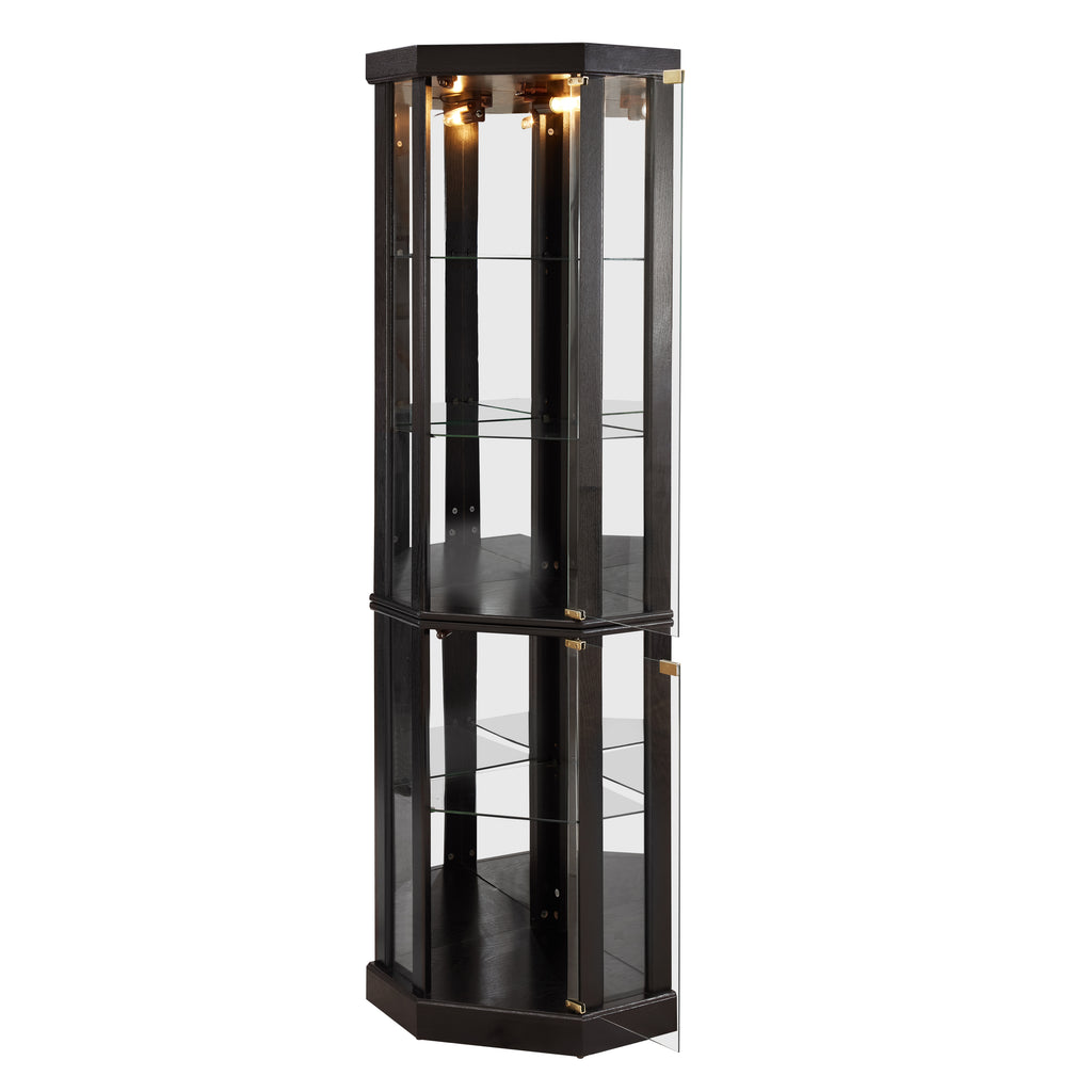 Anthony & Home Heritage lighted corner curio cabinet with glass display for antiques and wine collection.