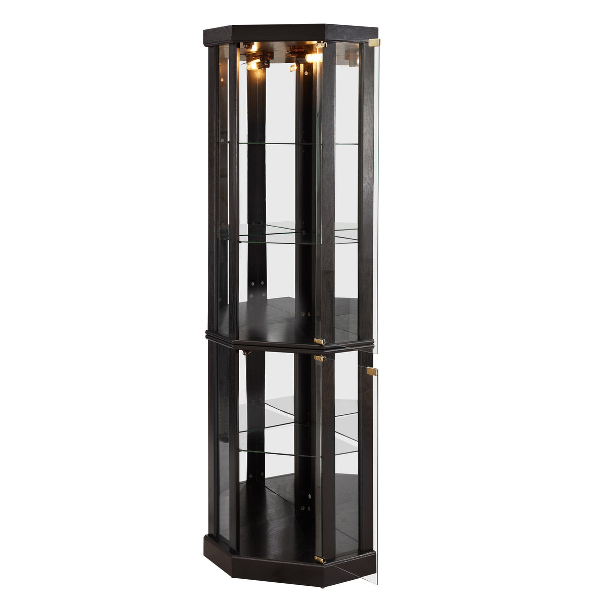 Anthony & Home Heritage lighted corner curio cabinet with glass display for antiques and wine collection.