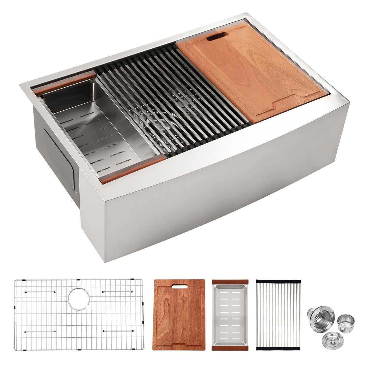 Anthony & Home stainless steel farmhouse apron kitchen sink workstation with deep basin and durable design.