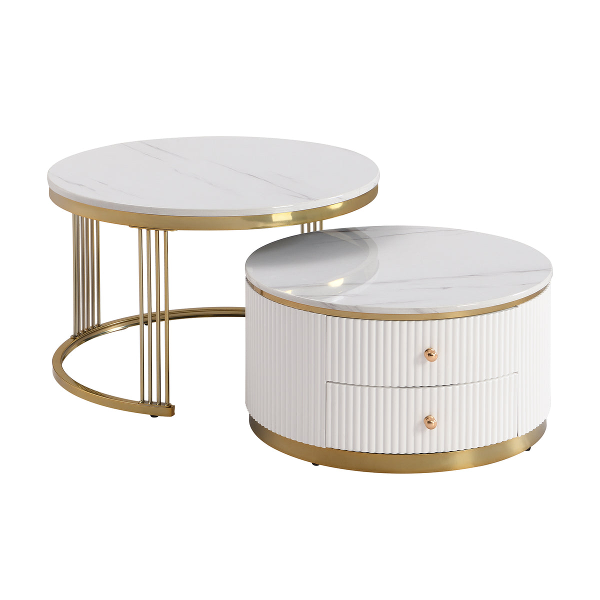Set of two white lacquered nesting coffee tables by Anthony & Home, sleek modern design with smooth surfaces.