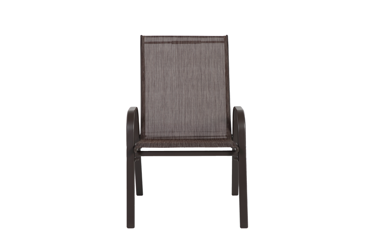 Set of six Anthony & Home Textilene patio chairs with high backs in brown, ideal for outdoor seating and dining.