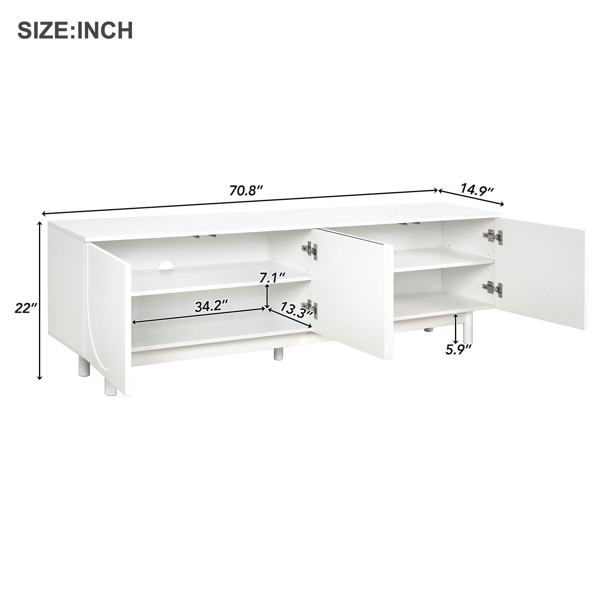 White ON-TREND Graceful TV stand with arch cabinets, solid wood legs, adjustable shelves, ideal for TVs up to 78 inches in living rooms.