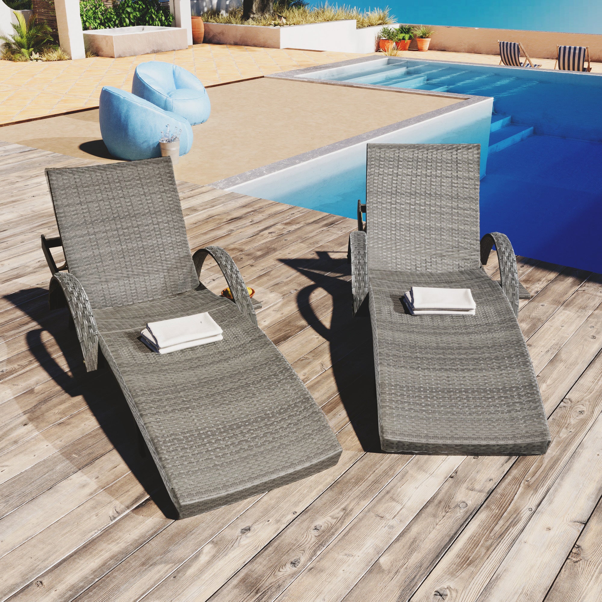 Anthony & Home outdoor wicker chaise lounge set with ergonomic wave-designed grey cushions, perfect for relaxing outdoors