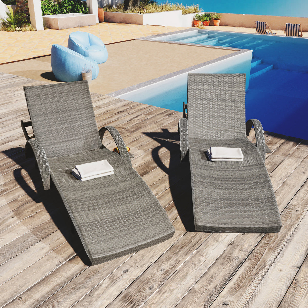 Anthony & Home outdoor wicker chaise lounge set with ergonomic wave-designed grey cushions, perfect for relaxing outdoors