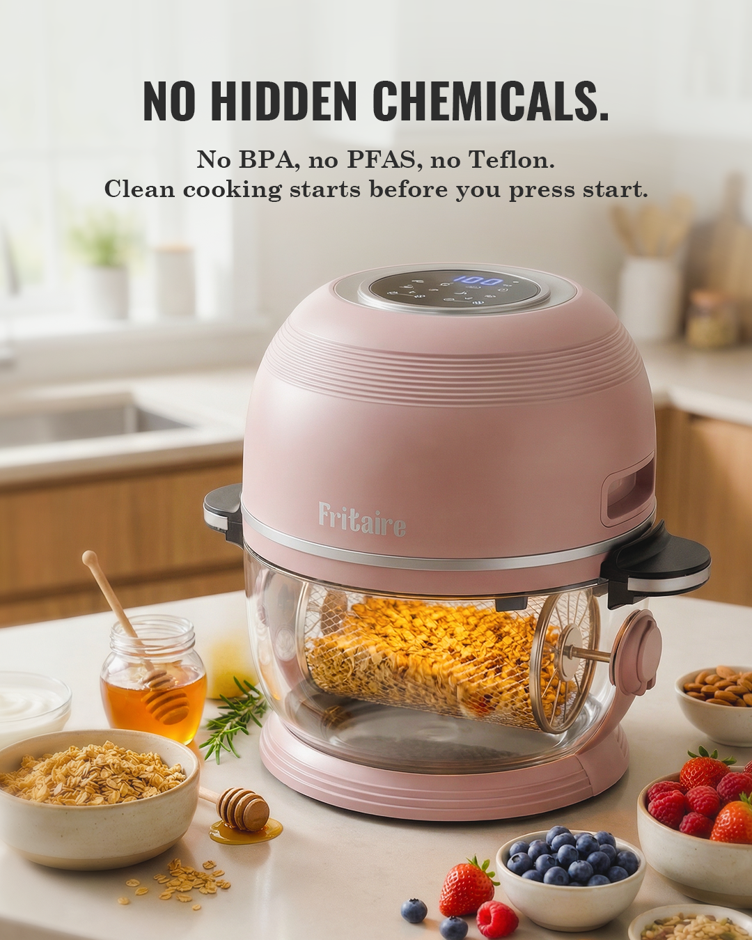 Fritaire Self-Cleaning Air Fryer in mauve rose, a modern kitchen appliance with digital controls and a sleek design.