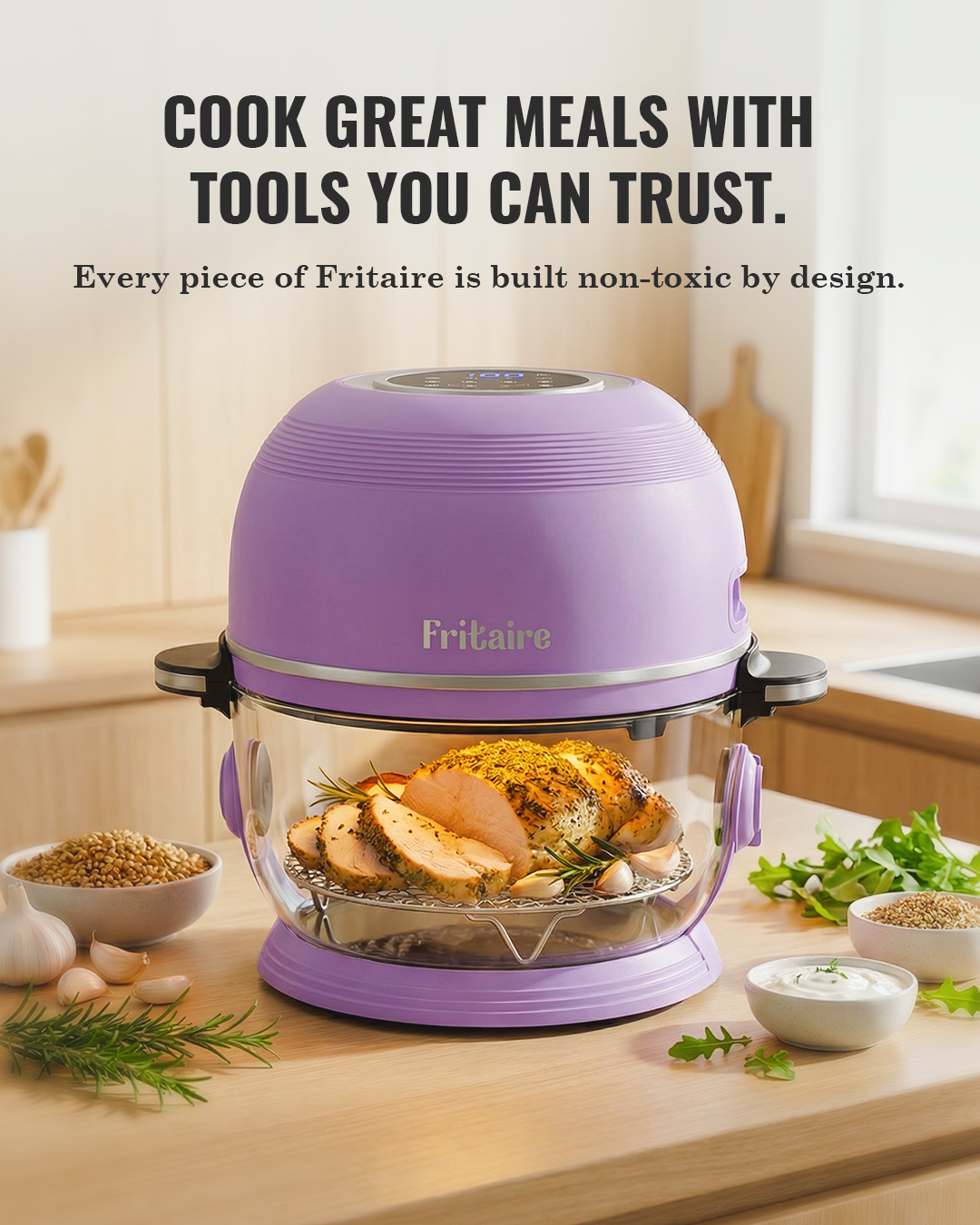 Fritaire Self-Cleaning and Non-Toxic Air Fryer in mauve rose with digital controls and sleek kitchen design.