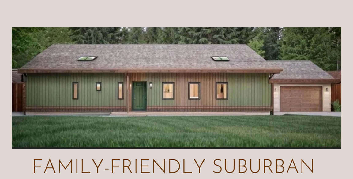 Family-friendly suburban home featuring green exterior and garage, ideal for families in a cozy neighborhood.