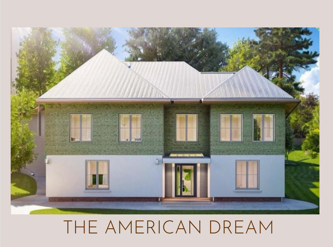 Front view of The American Dream house plan, showcasing a modern design and lush surroundings.