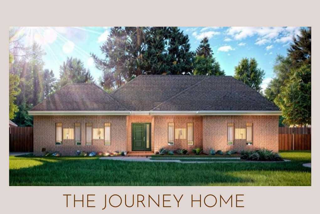 House plan for The Journey Home Bundle with a beautiful brick exterior and lush greenery.