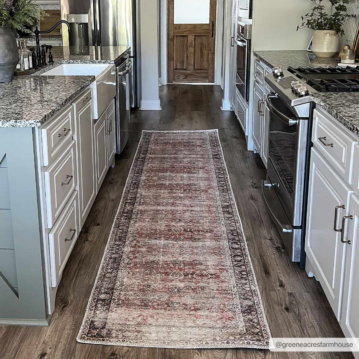 Anahawan Rust distressed washable area rug by Hauteloom with a textured, vintage look in green and earthy tones.