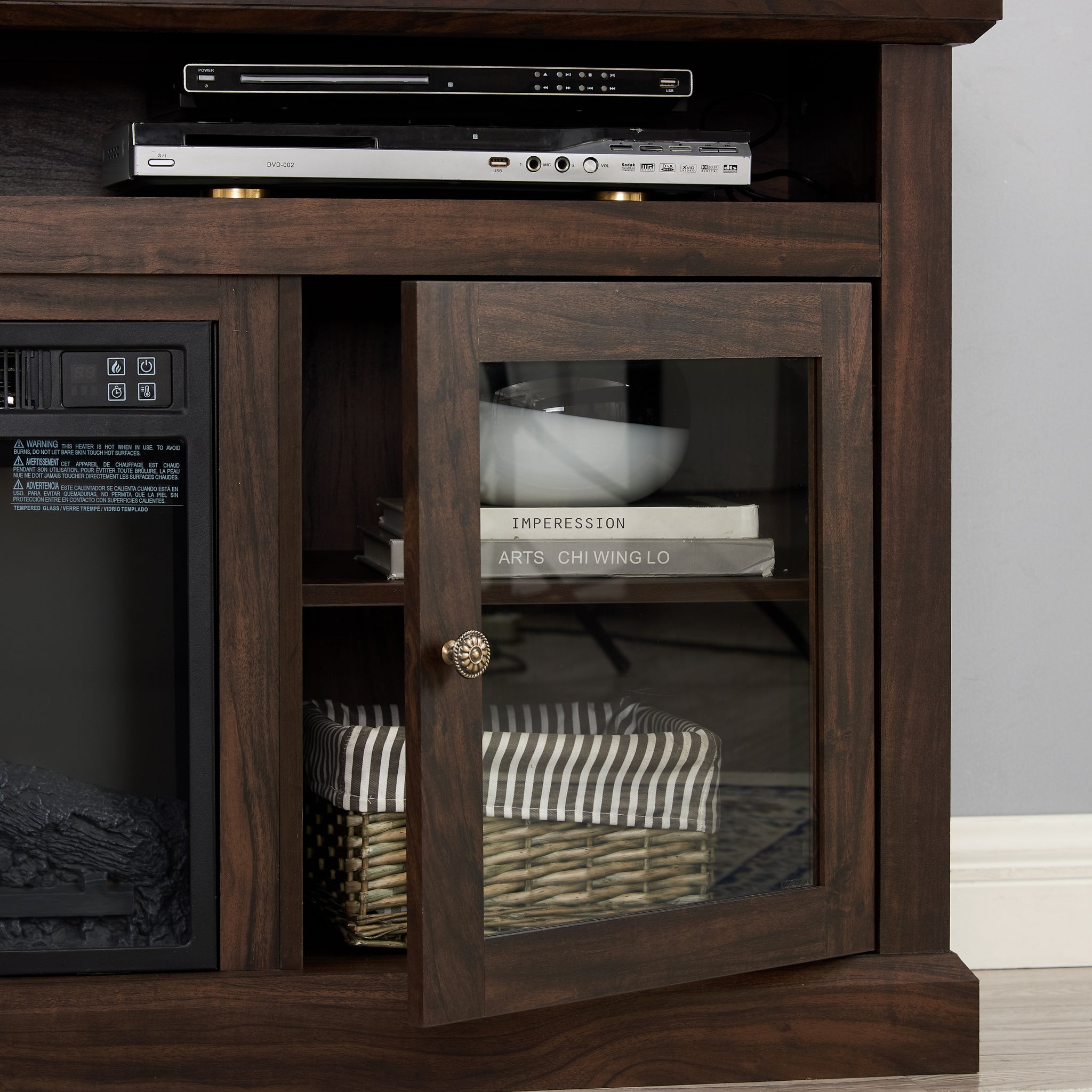 Brown wood Heritage Media Console with fireplace, 60-inch Anthony & Home entertainment stand with built-in electric fireplace.