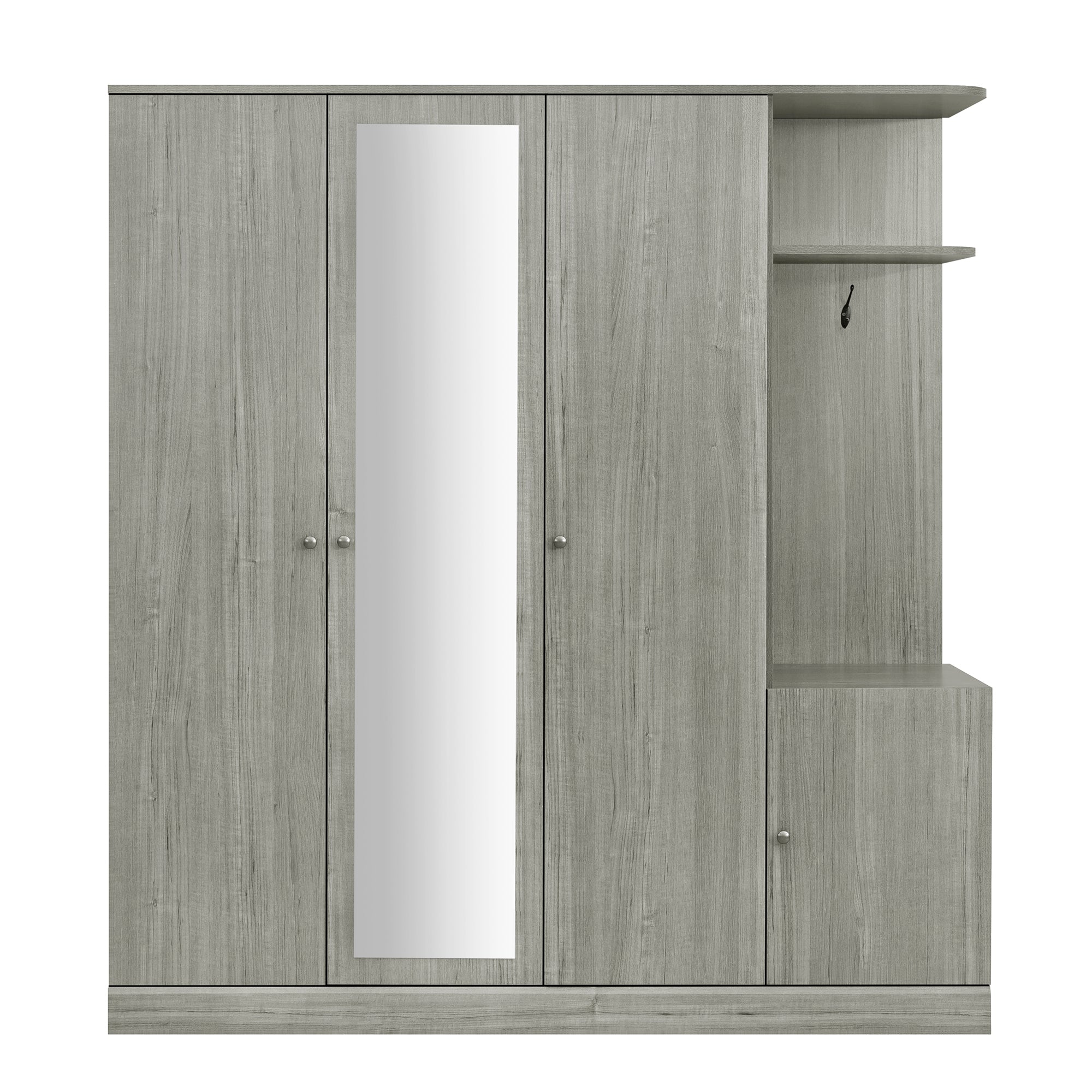 Anthony & Home Studio Gray four-door wardrobe with full-length mirror, showing sleek modern design and spacious storage.