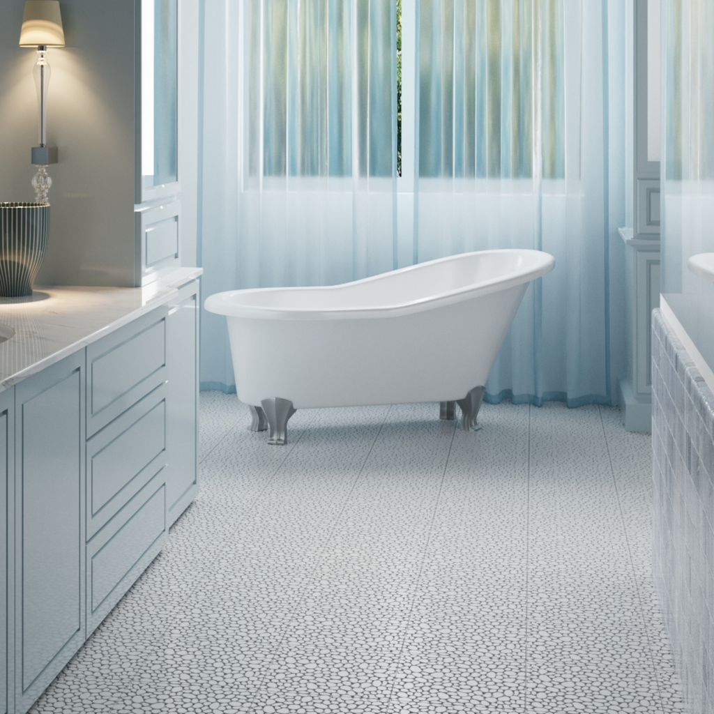 Gray pebble stone interlocking deck tiles by Anthony & Home, 12x12 waterproof outdoor flooring shown in the image.