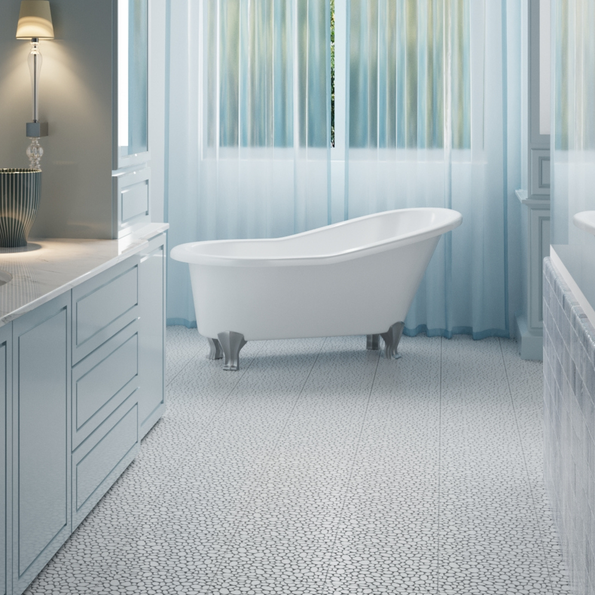 Gray pebble stone interlocking deck tiles by Anthony & Home, 12x12 waterproof outdoor flooring shown in the image.