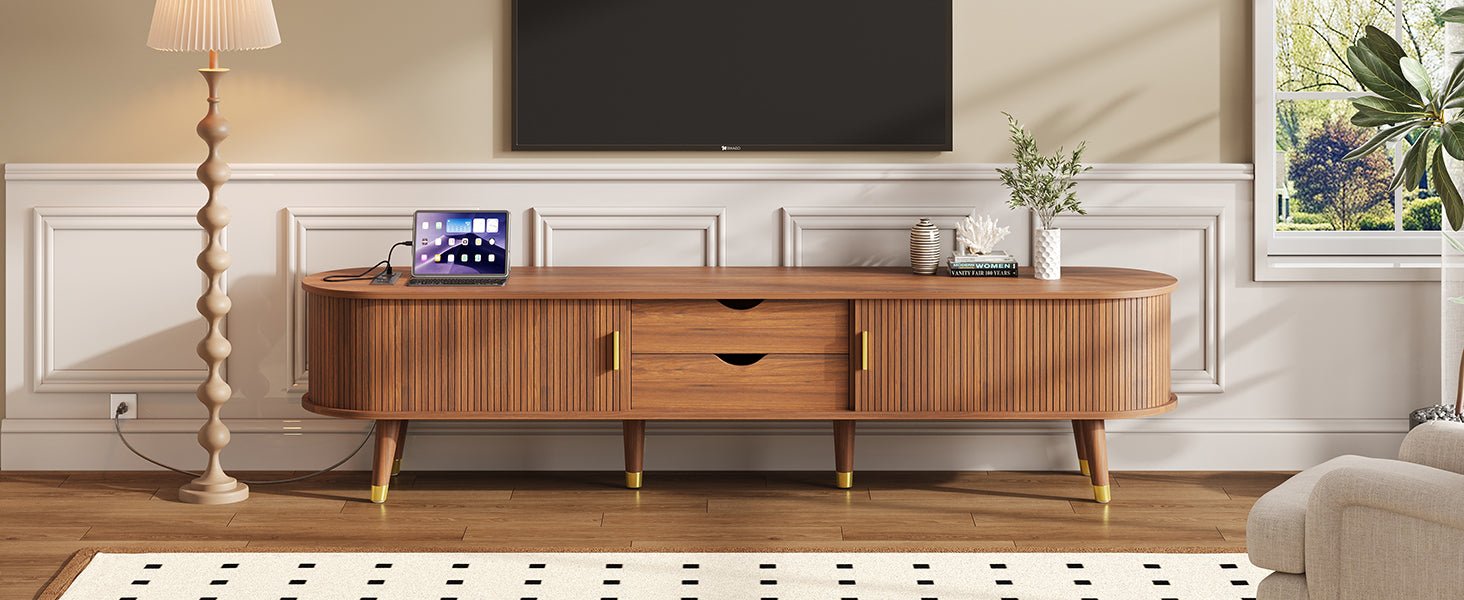 Walnut mid-century TV stand by Anthony & Home featuring sleek wood finish and modern design, ideal for living room entertainment setup.