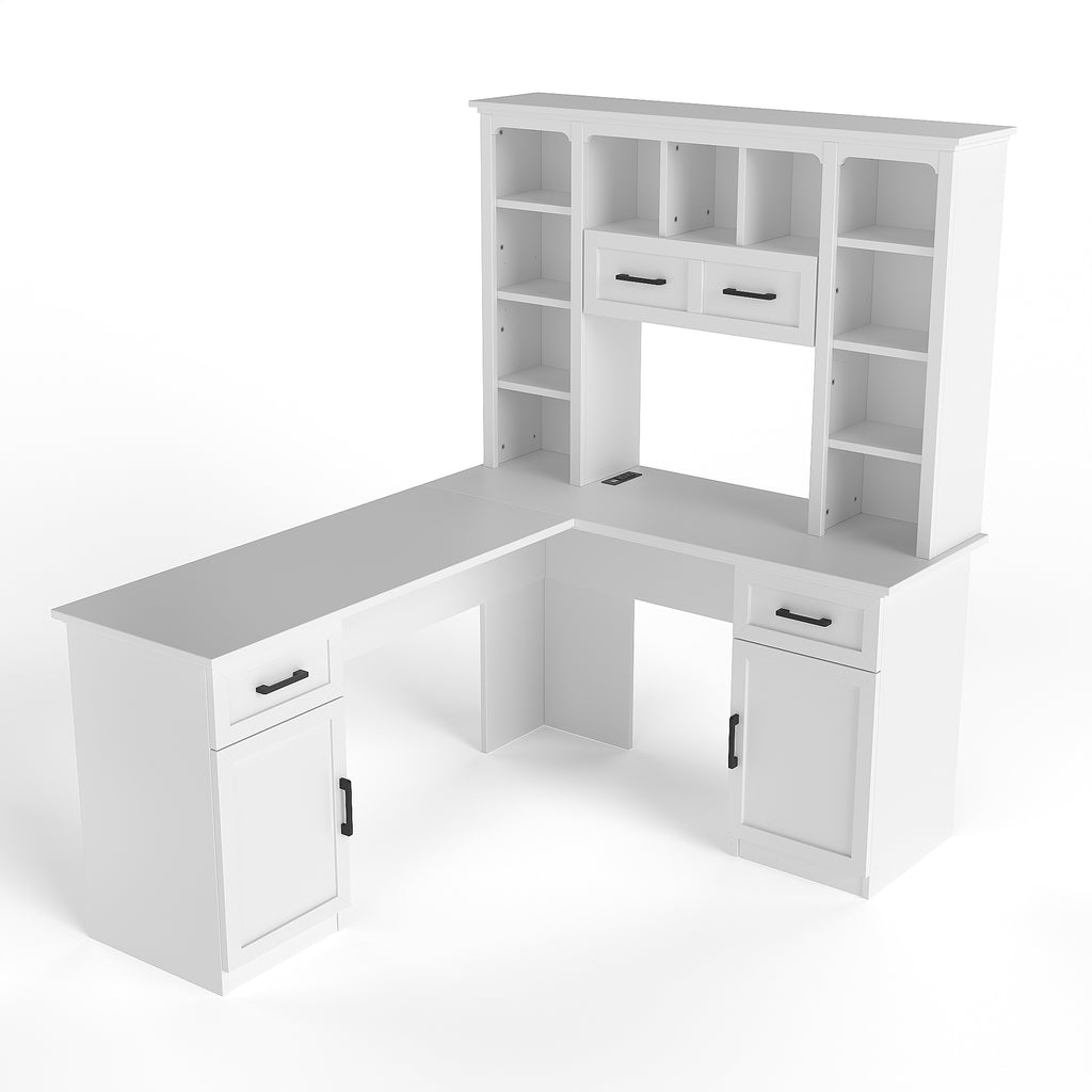 White matte finish L-shaped desk with built-in cabinets and shelving from Anthony & Home Signature Collection.