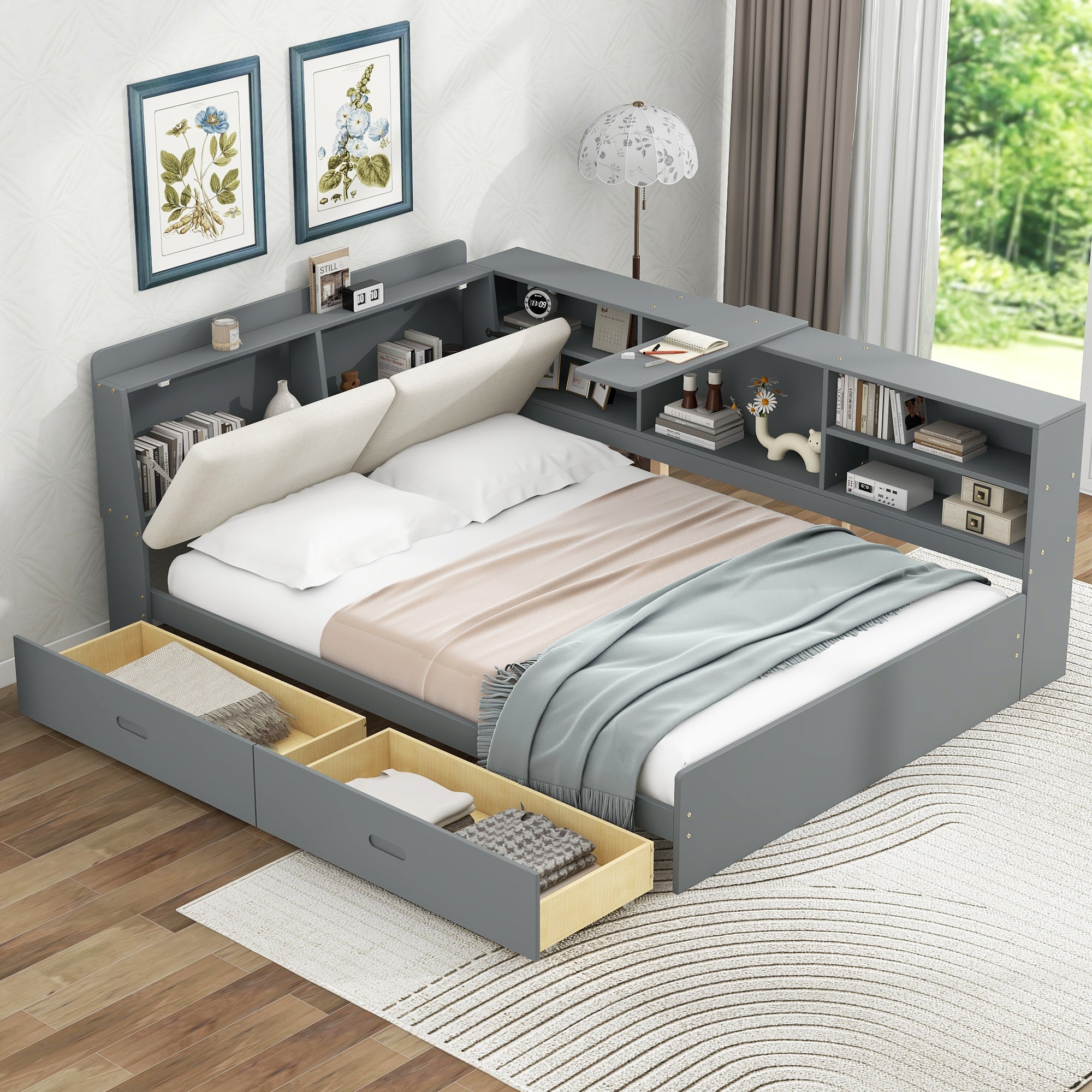Solid Wood And MDF Platform Bed Full Size With Storage Headboard And Shelves Limited Edition