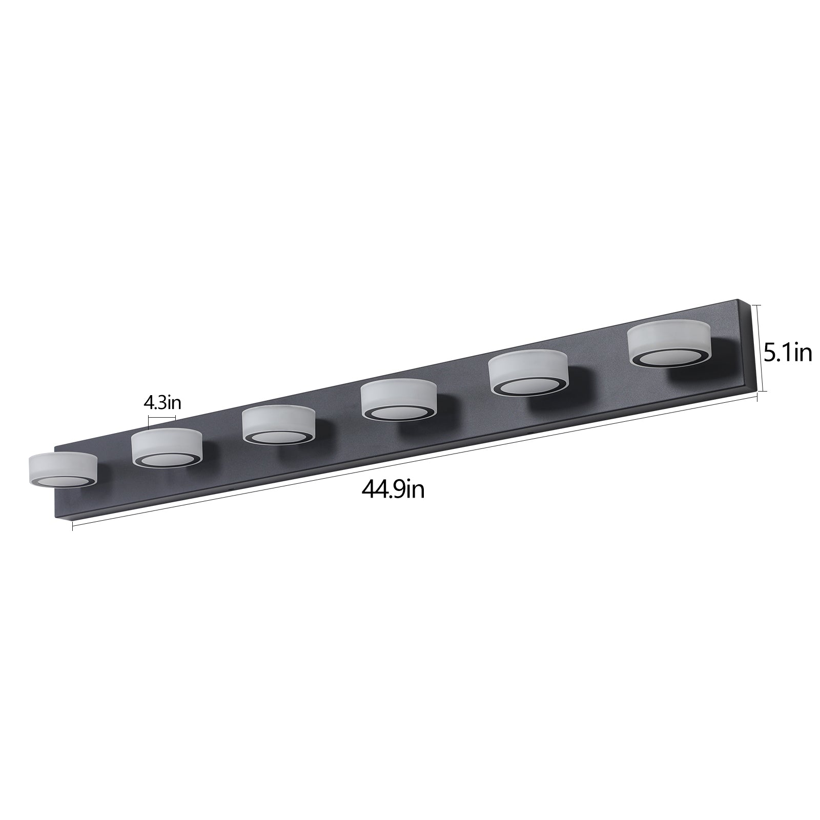 Anthony & Home Signature Collection six-light LED vanity light with black iron finish, featuring modern design and six illuminated bulbs.