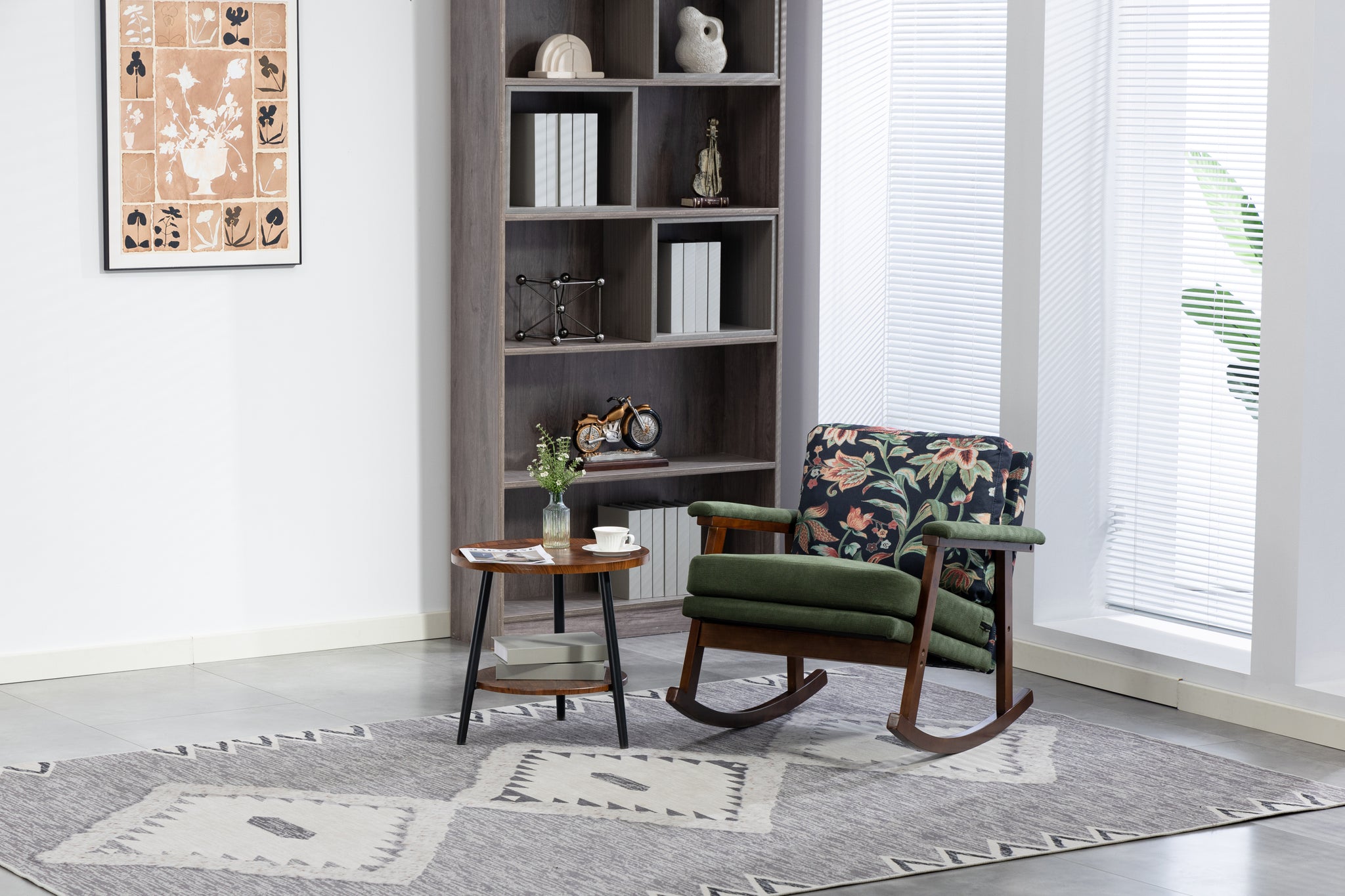Mid Century Modern Walnut Frame Studio Rocking Chair by Anthony & Home, showcasing a sleek wooden design with curved armrests and plush cushioning.